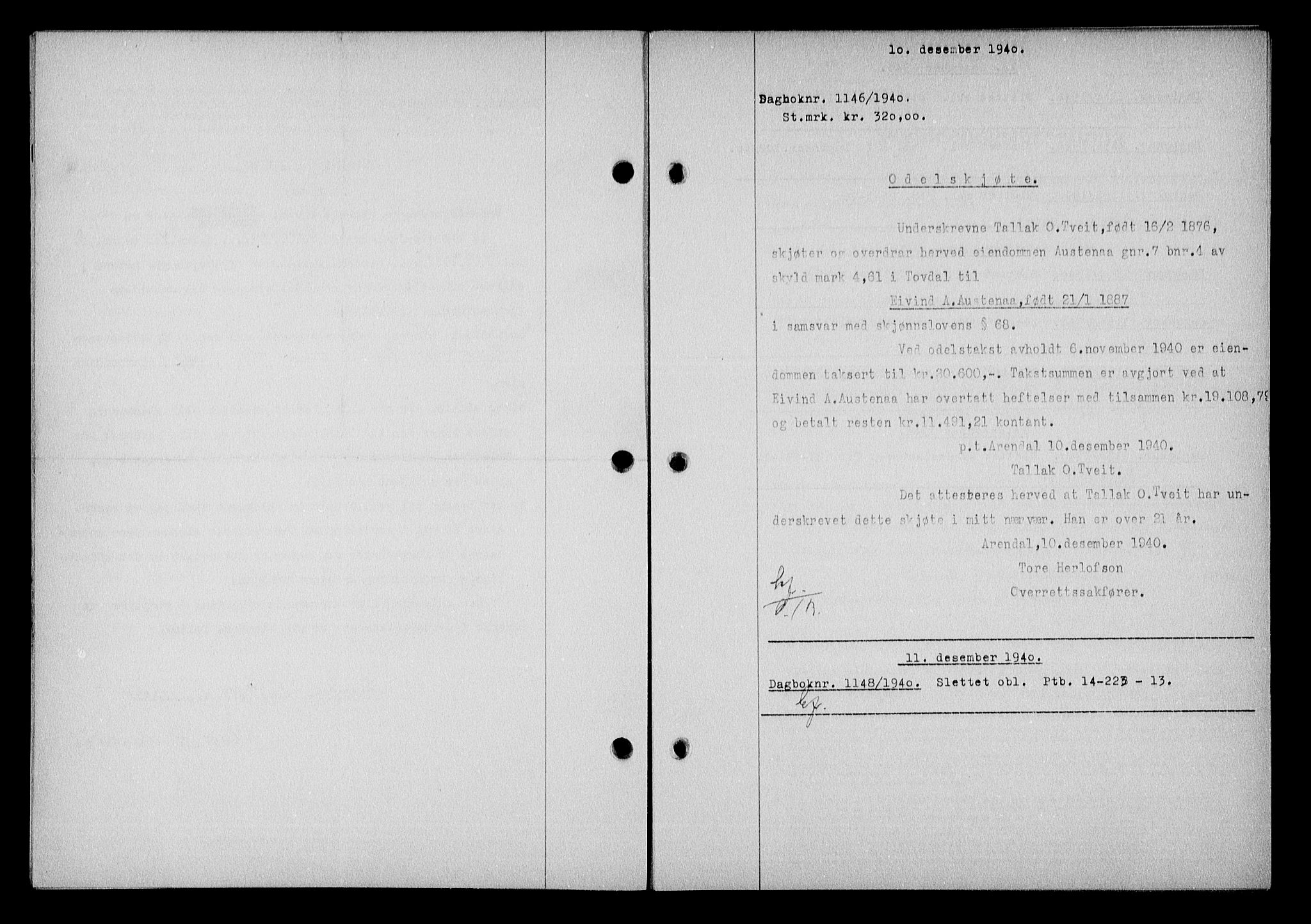 Nedenes sorenskriveri, AV/SAK-1221-0006/G/Gb/Gba/L0048: Mortgage book no. A-II, 1940-1941, Diary no: : 1146/1940