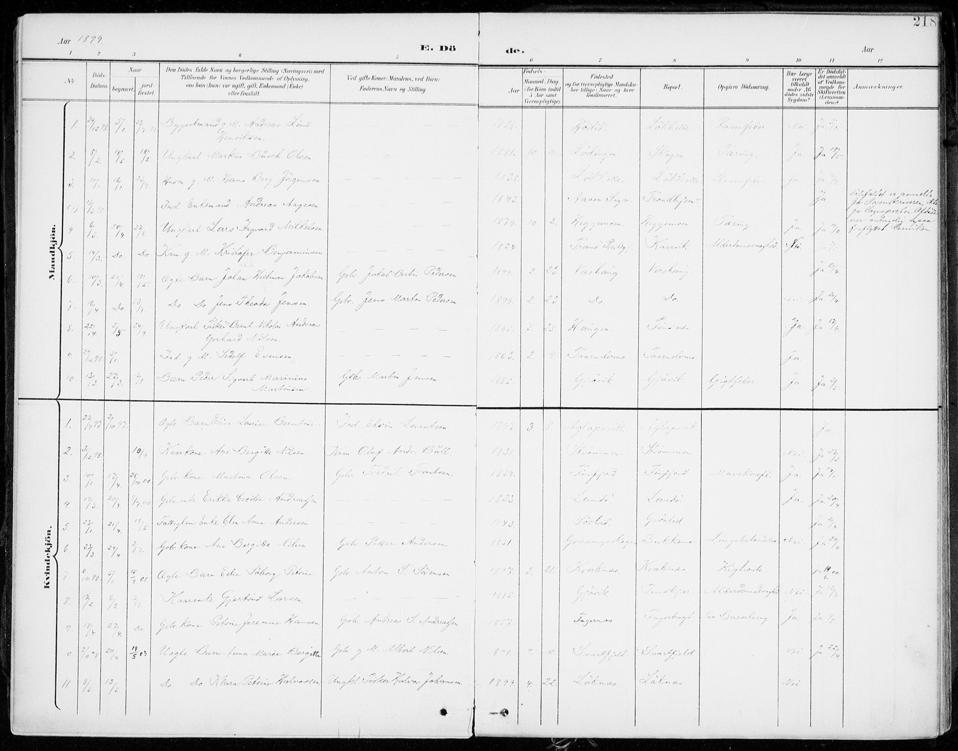 Lenvik sokneprestembete, AV/SATØ-S-1310/H/Ha/Haa/L0014kirke: Parish register (official) no. 14, 1899-1909, p. 218