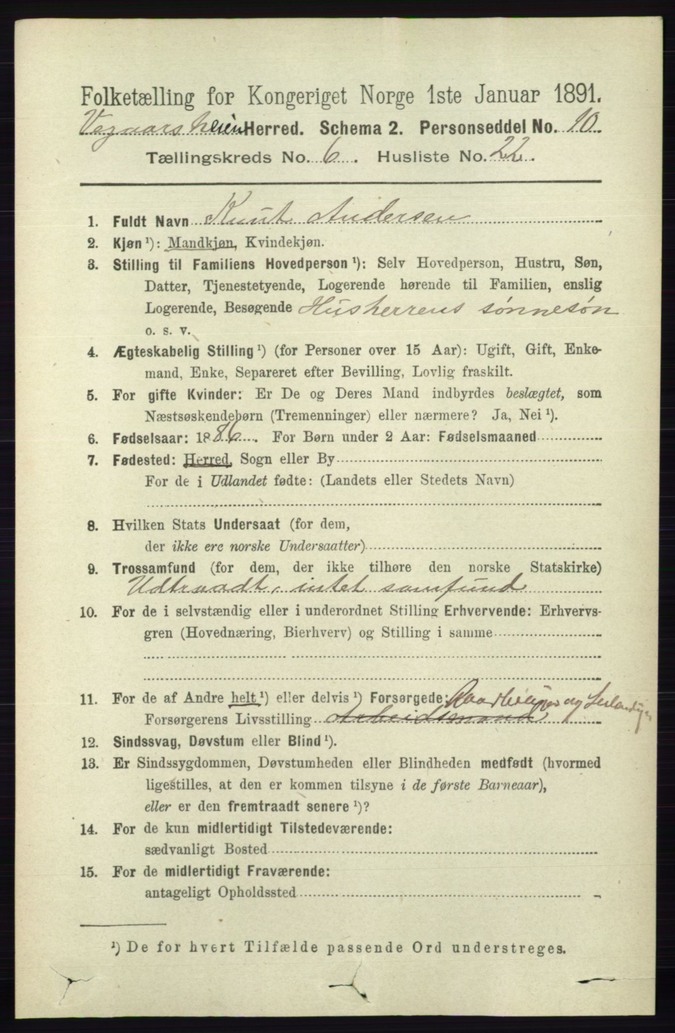 RA, 1891 census for 0912 Vegårshei, 1891, p. 1306