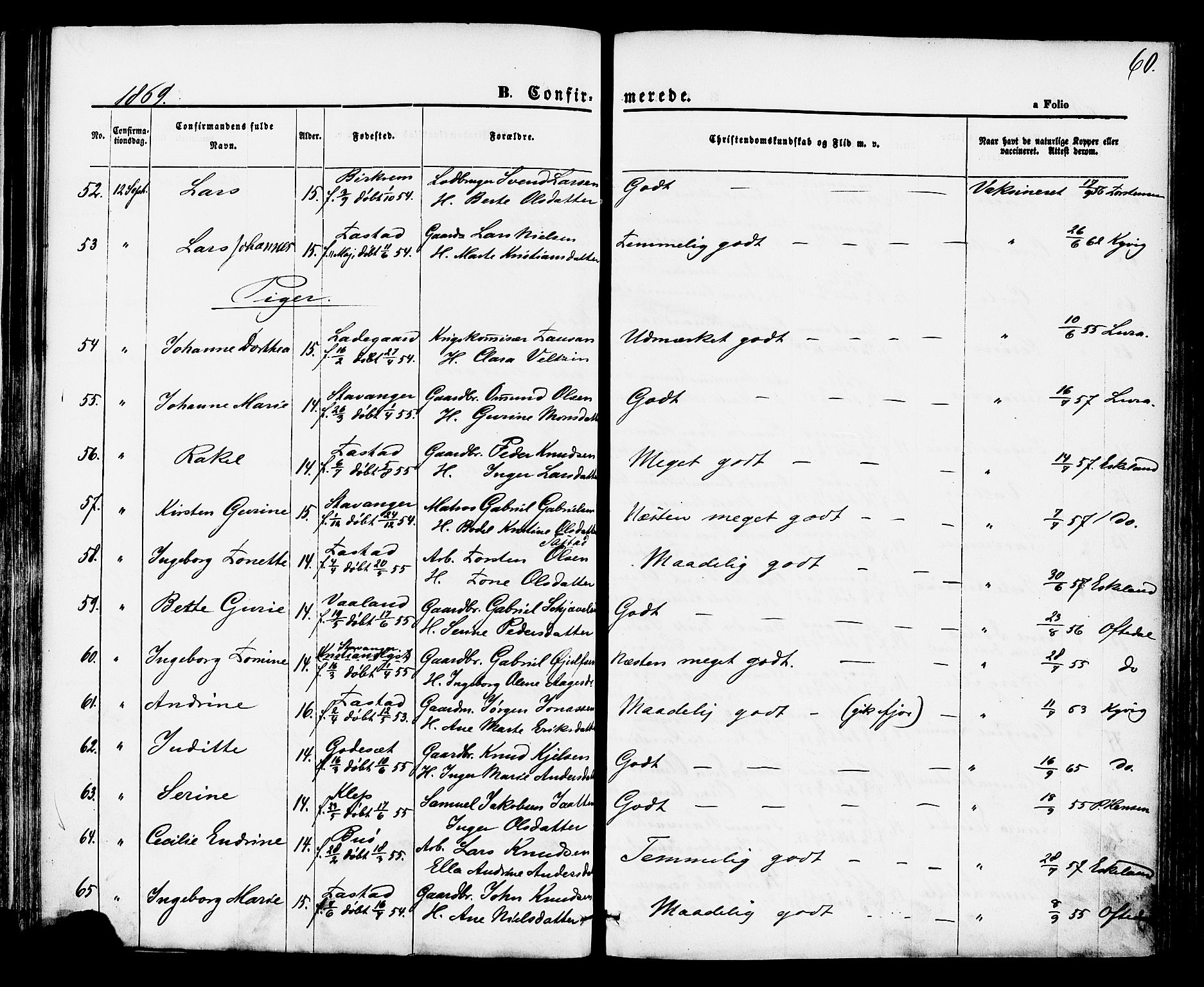 Hetland sokneprestkontor, AV/SAST-A-101826/30/30BA/L0004: Parish register (official) no. A 4, 1862-1881, p. 60