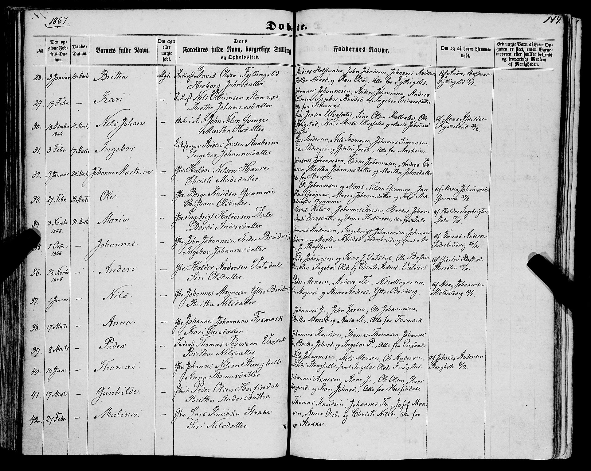 Haus sokneprestembete, AV/SAB-A-75601/H/Haa: Parish register (official) no. A 17, 1858-1870, p. 144