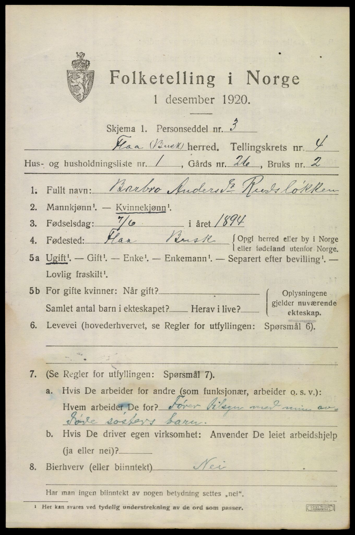 SAKO, 1920 census for Flå, 1920, p. 2627