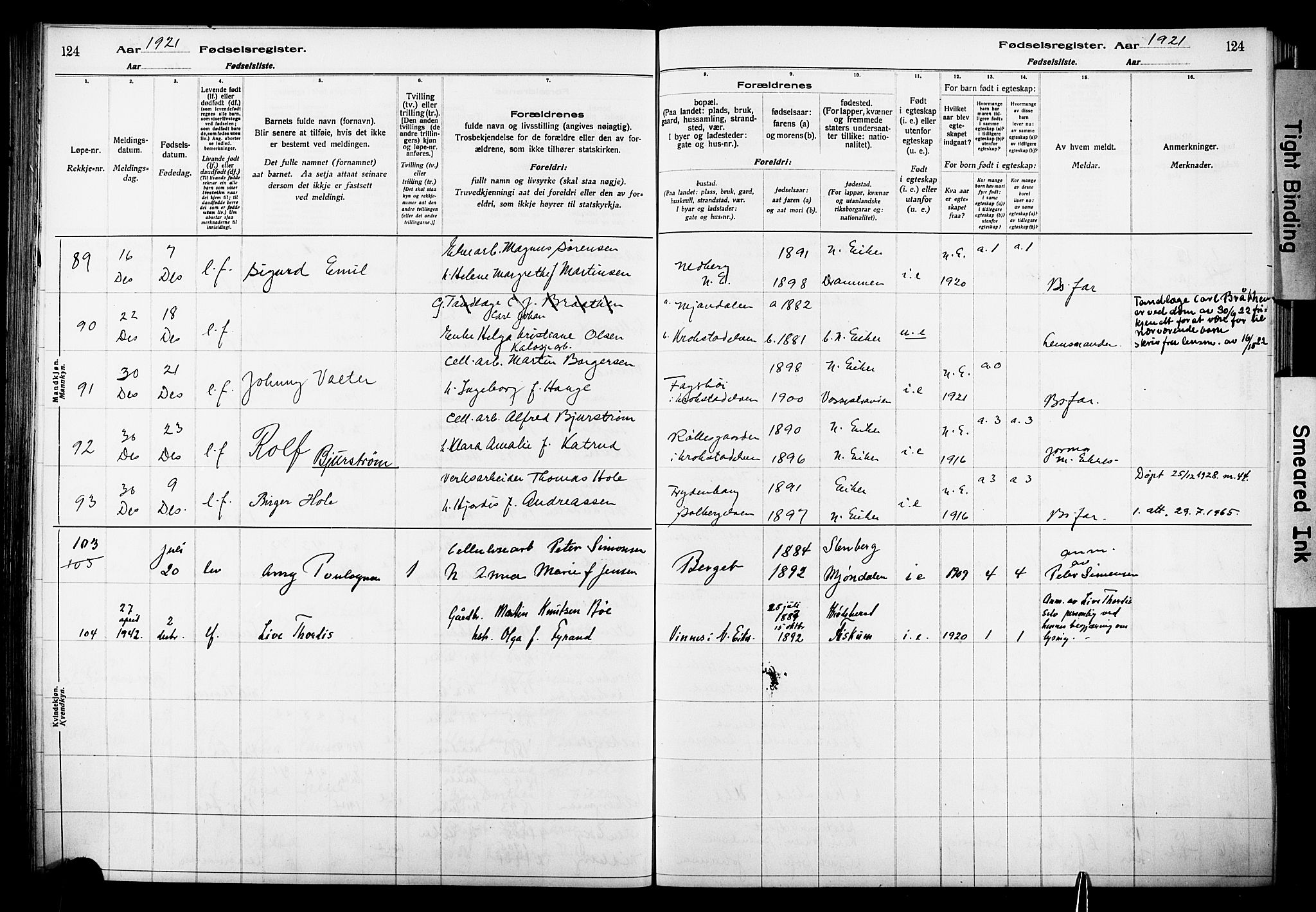 Nedre Eiker kirkebøker, AV/SAKO-A-612/J/Ja/L0001: Birth register no. 1, 1916-1925, p. 124