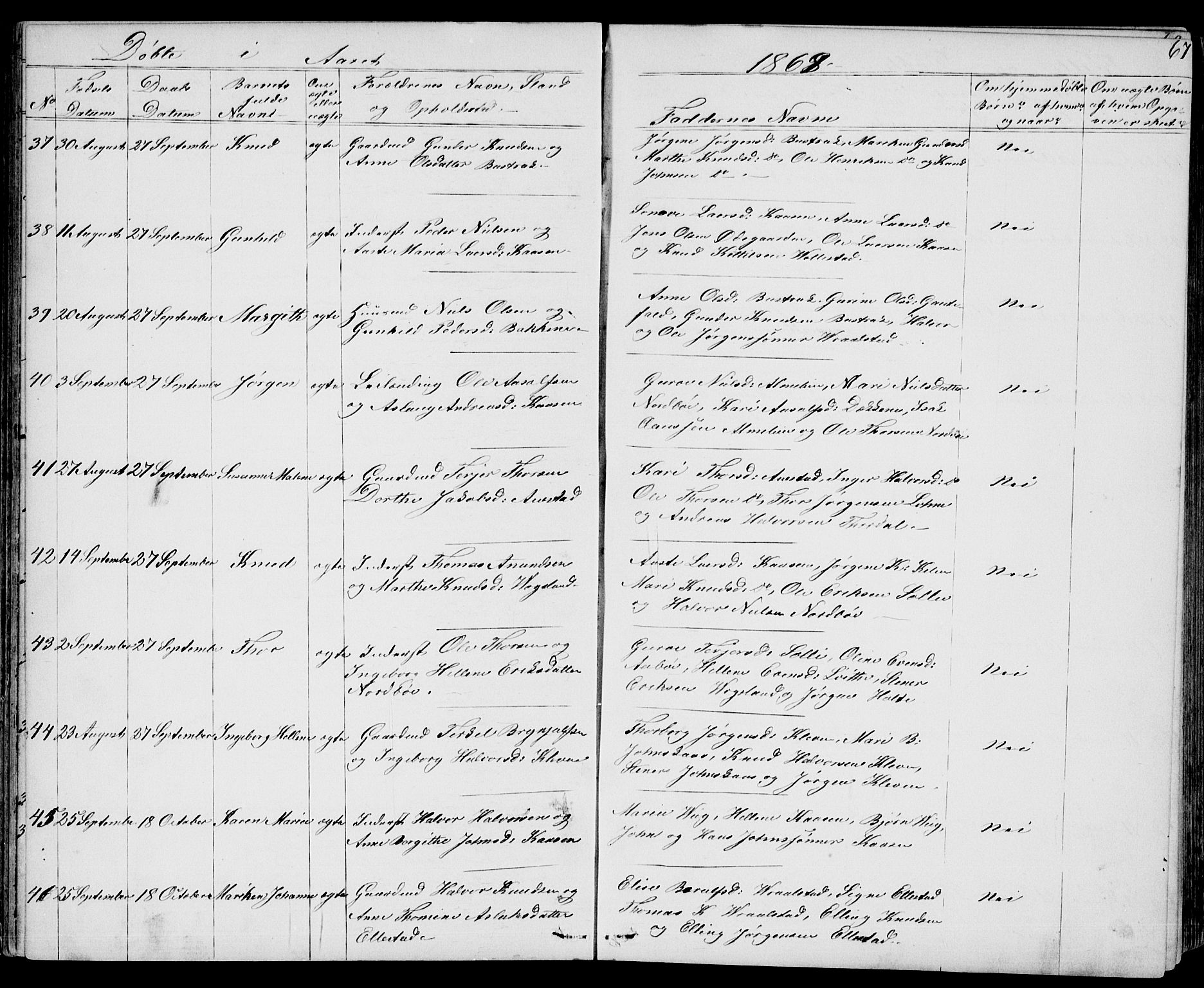 Drangedal kirkebøker, SAKO/A-258/G/Gb/L0001: Parish register (copy) no. II 1, 1856-1894, p. 67