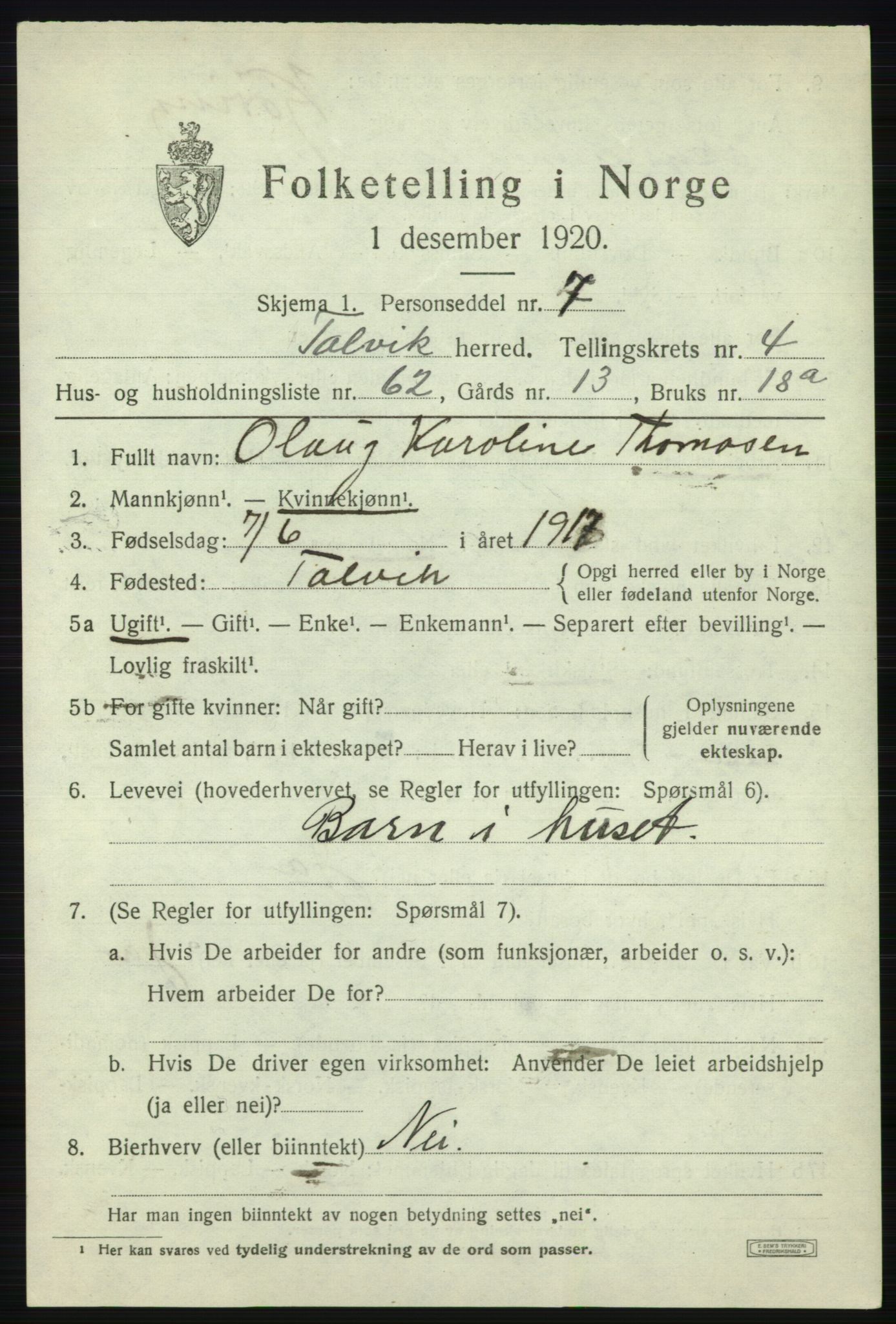SATØ, 1920 census for Talvik, 1920, p. 3300