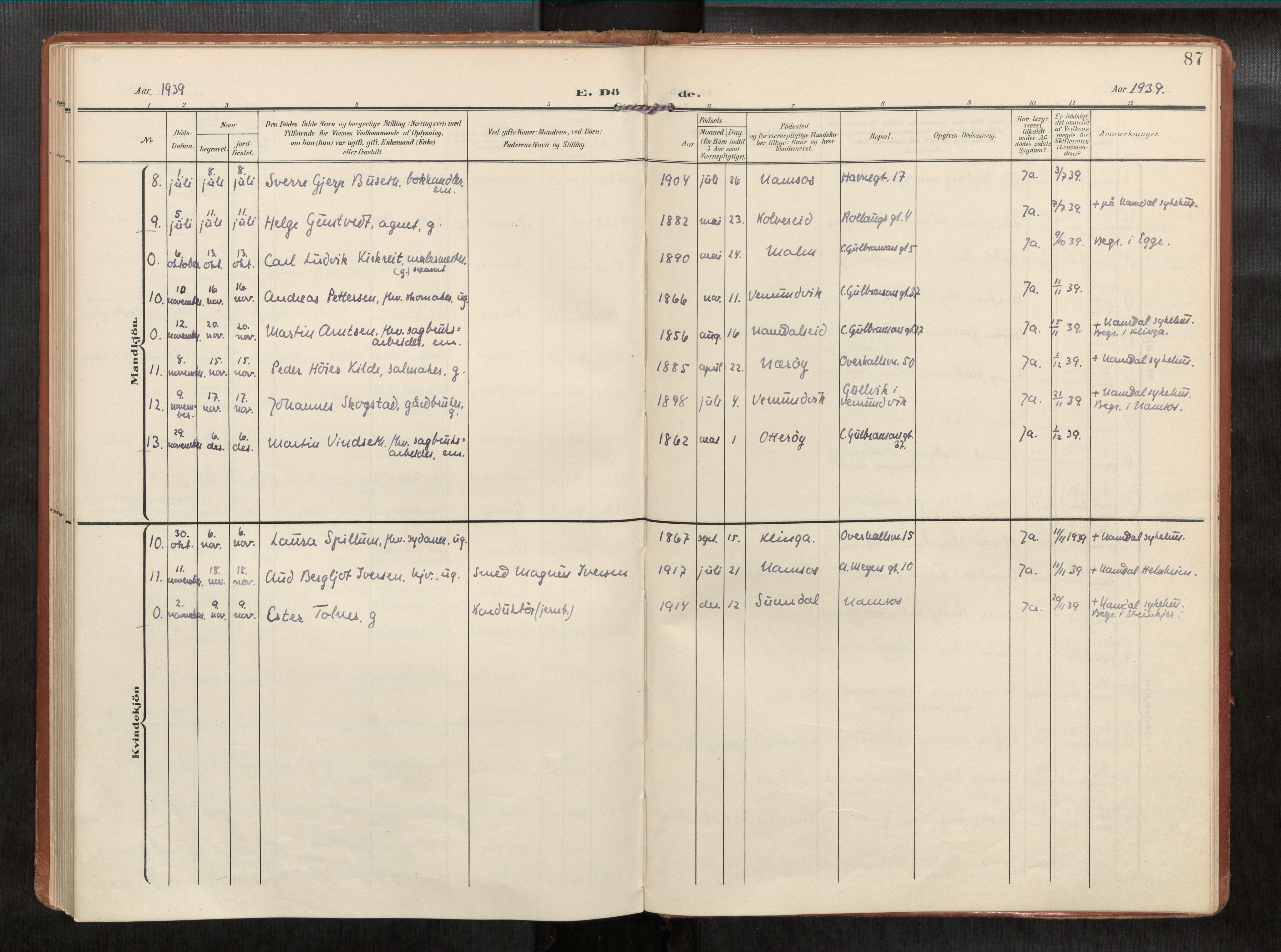 Ministerialprotokoller, klokkerbøker og fødselsregistre - Nord-Trøndelag, AV/SAT-A-1458/768/L0579b: Parish register (official) no. 768A15, 1908-1945, p. 87