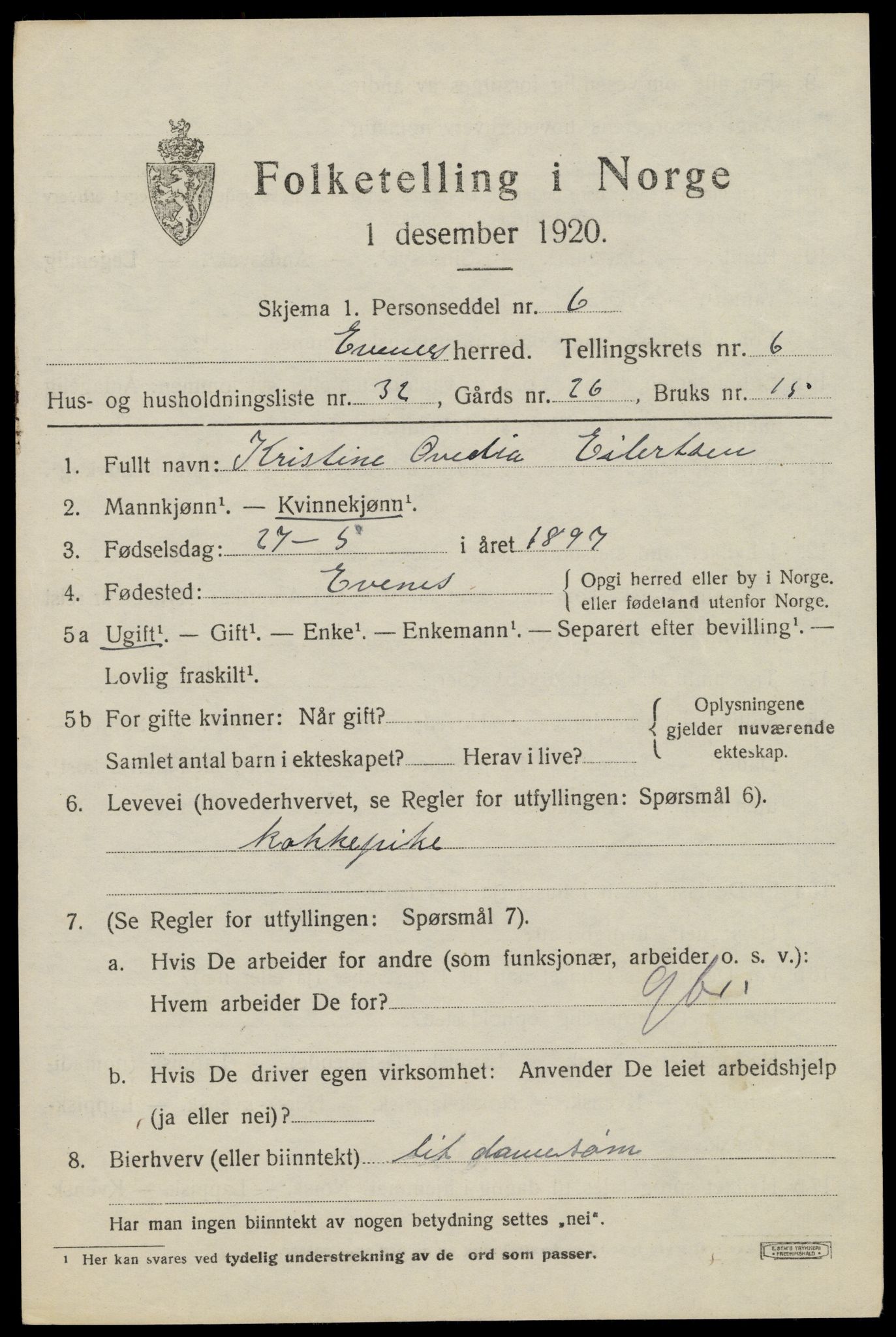 SAT, 1920 census for Evenes, 1920, p. 5854