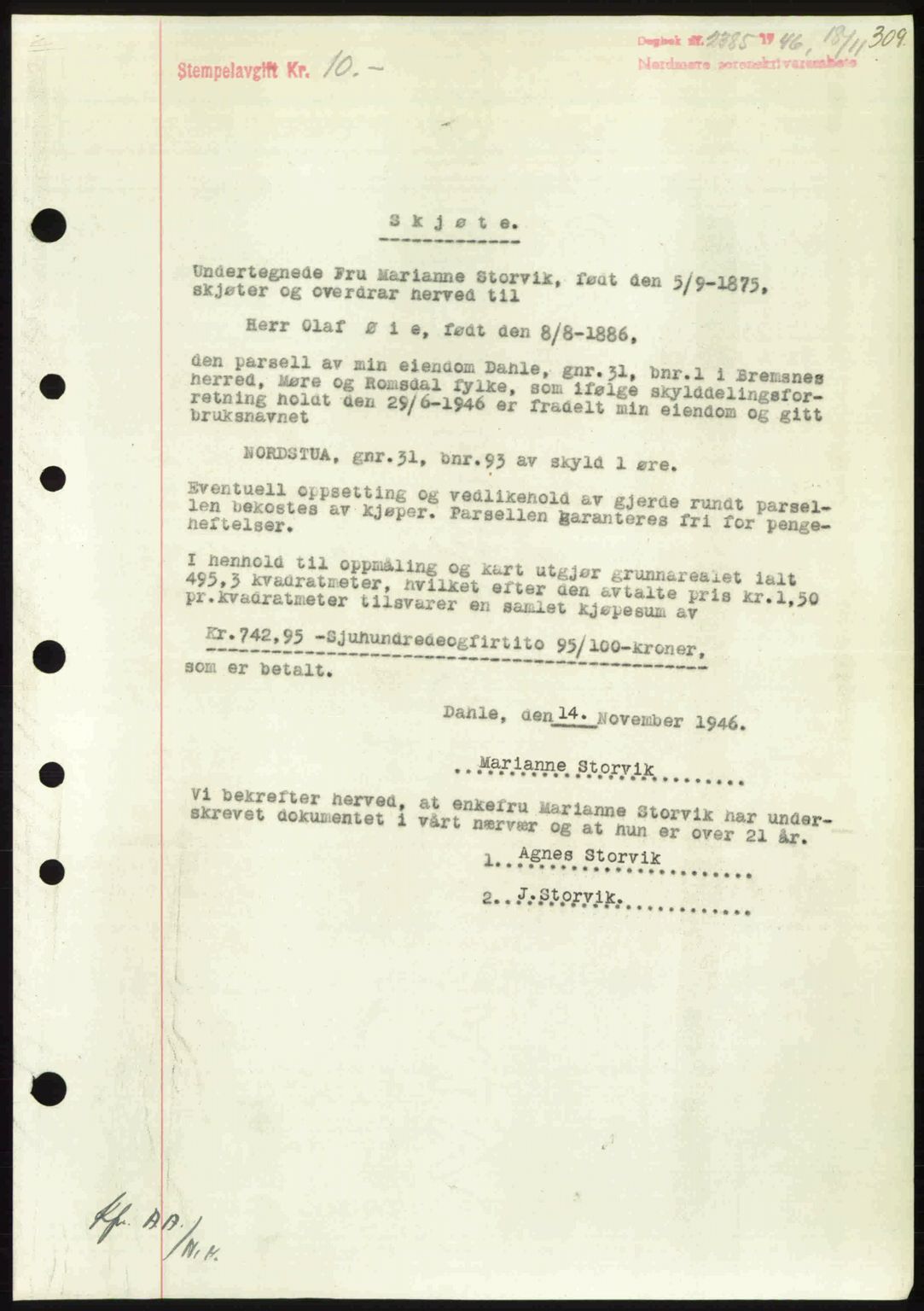 Nordmøre sorenskriveri, AV/SAT-A-4132/1/2/2Ca: Mortgage book no. A103, 1946-1947, Diary no: : 2385/1946