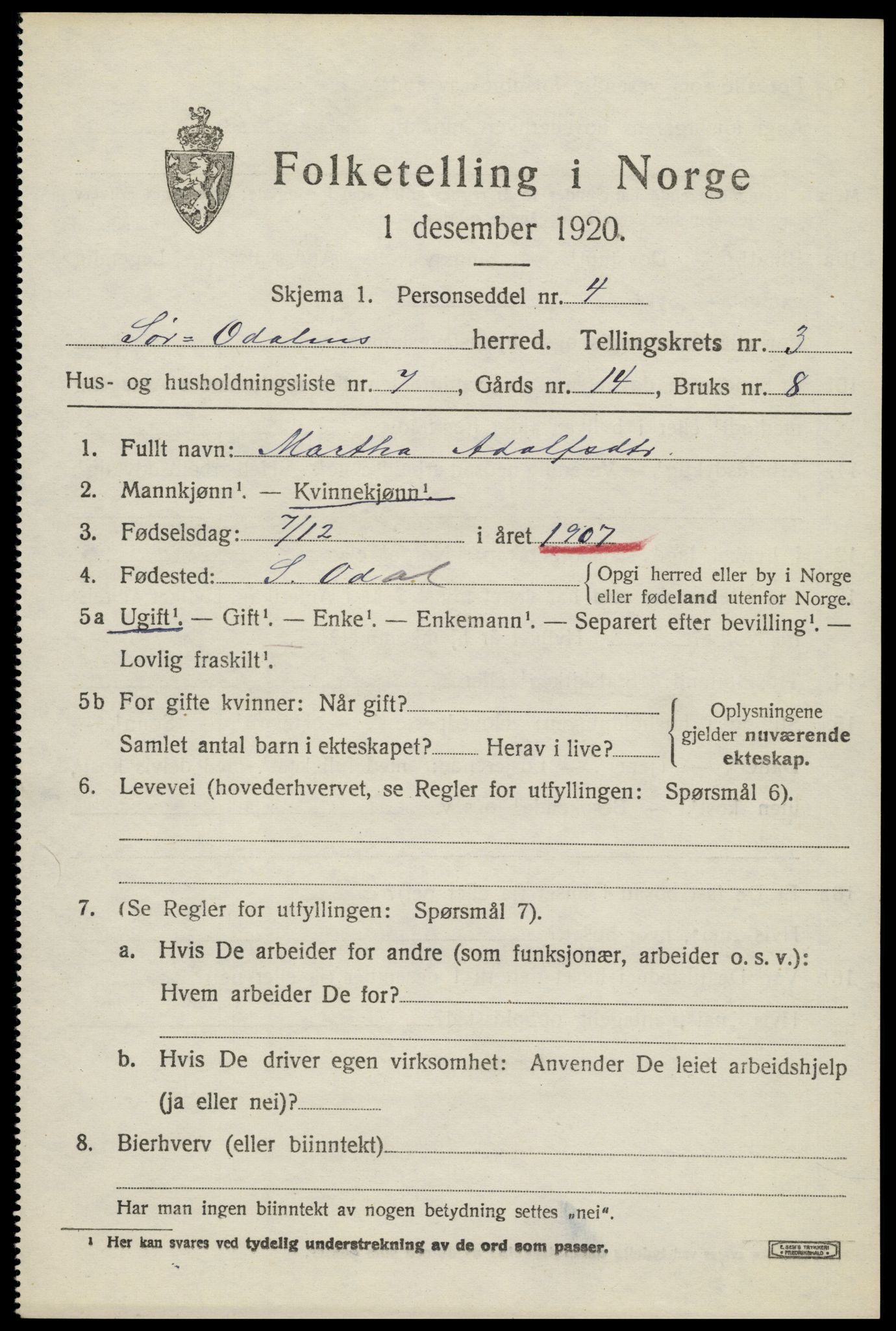 SAH, 1920 census for Sør-Odal, 1920, p. 4325
