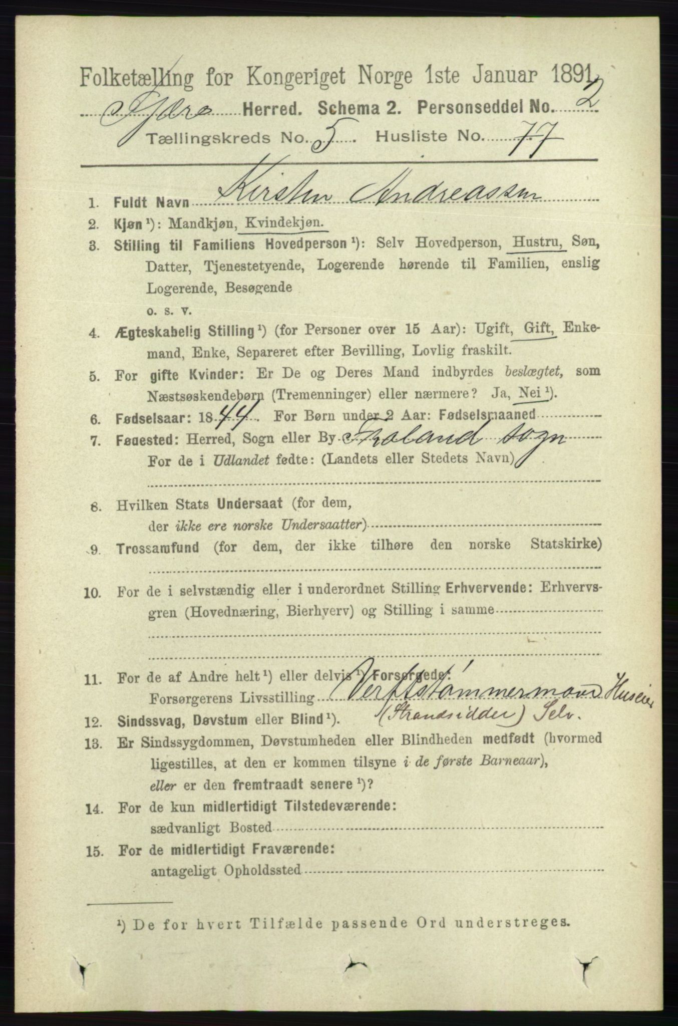 RA, 1891 census for 0923 Fjære, 1891, p. 2815