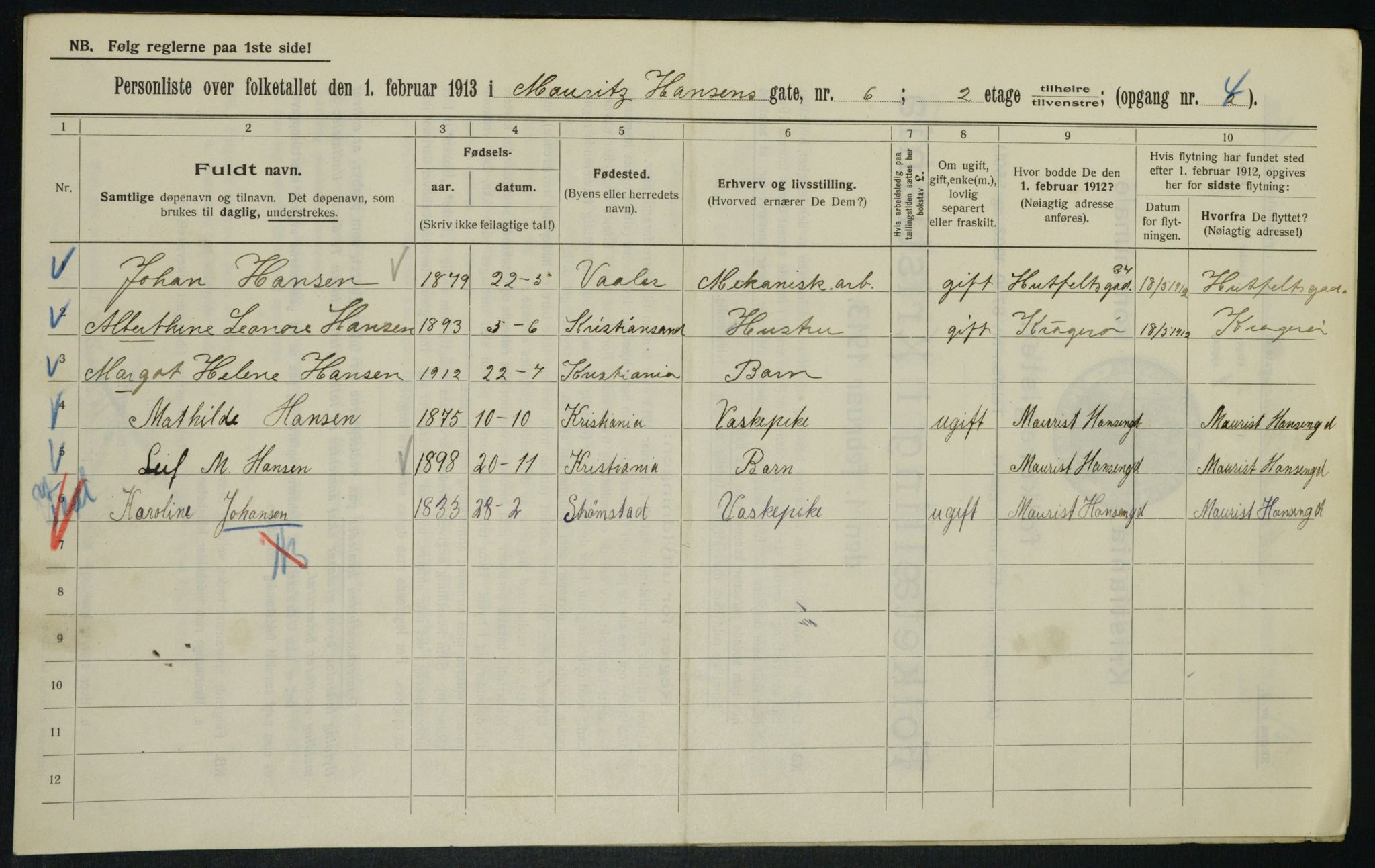 OBA, Municipal Census 1913 for Kristiania, 1913, p. 64832