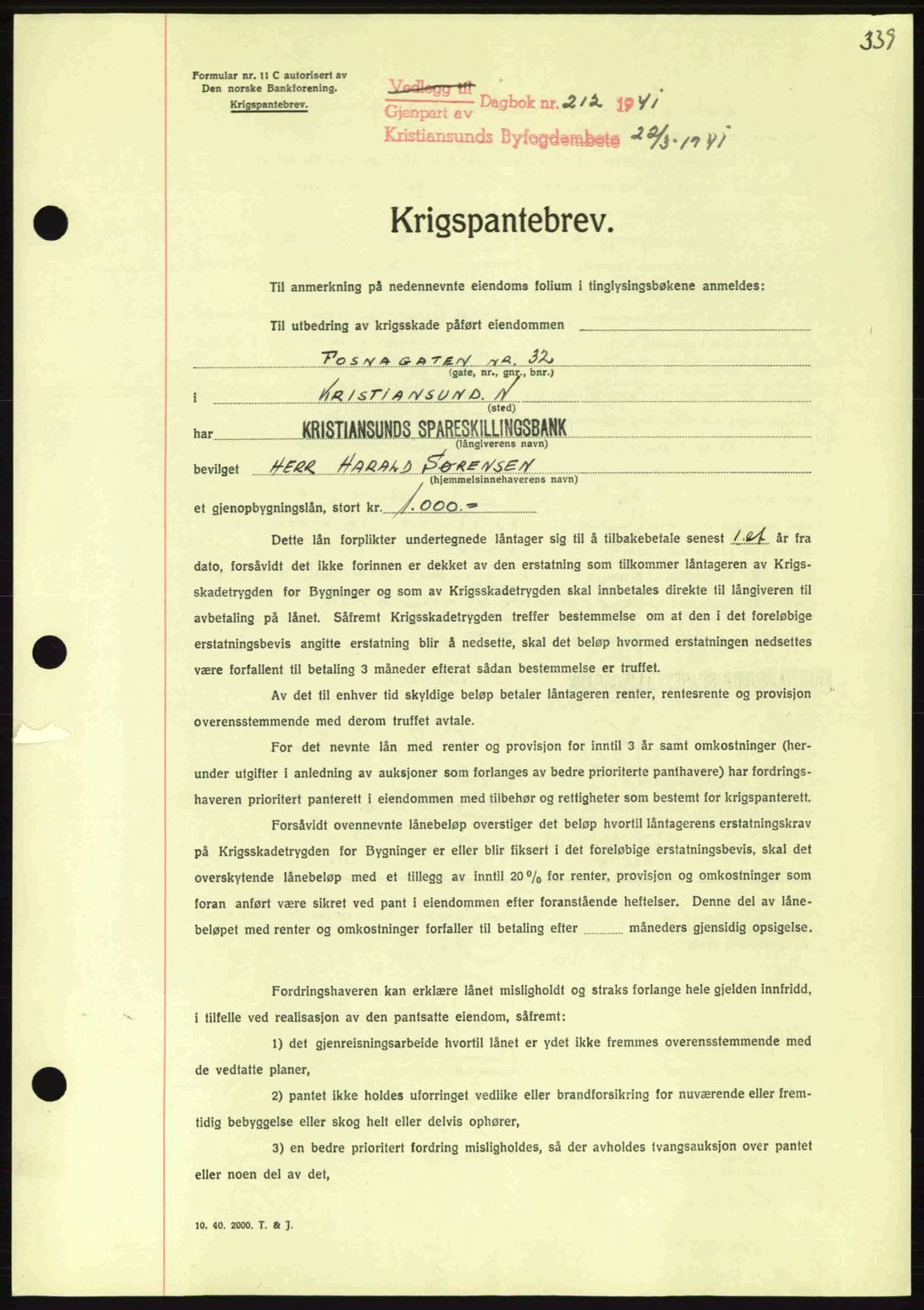 Kristiansund byfogd, AV/SAT-A-4587/A/27: Mortgage book no. 33, 1939-1941, Diary no: : 212/1941