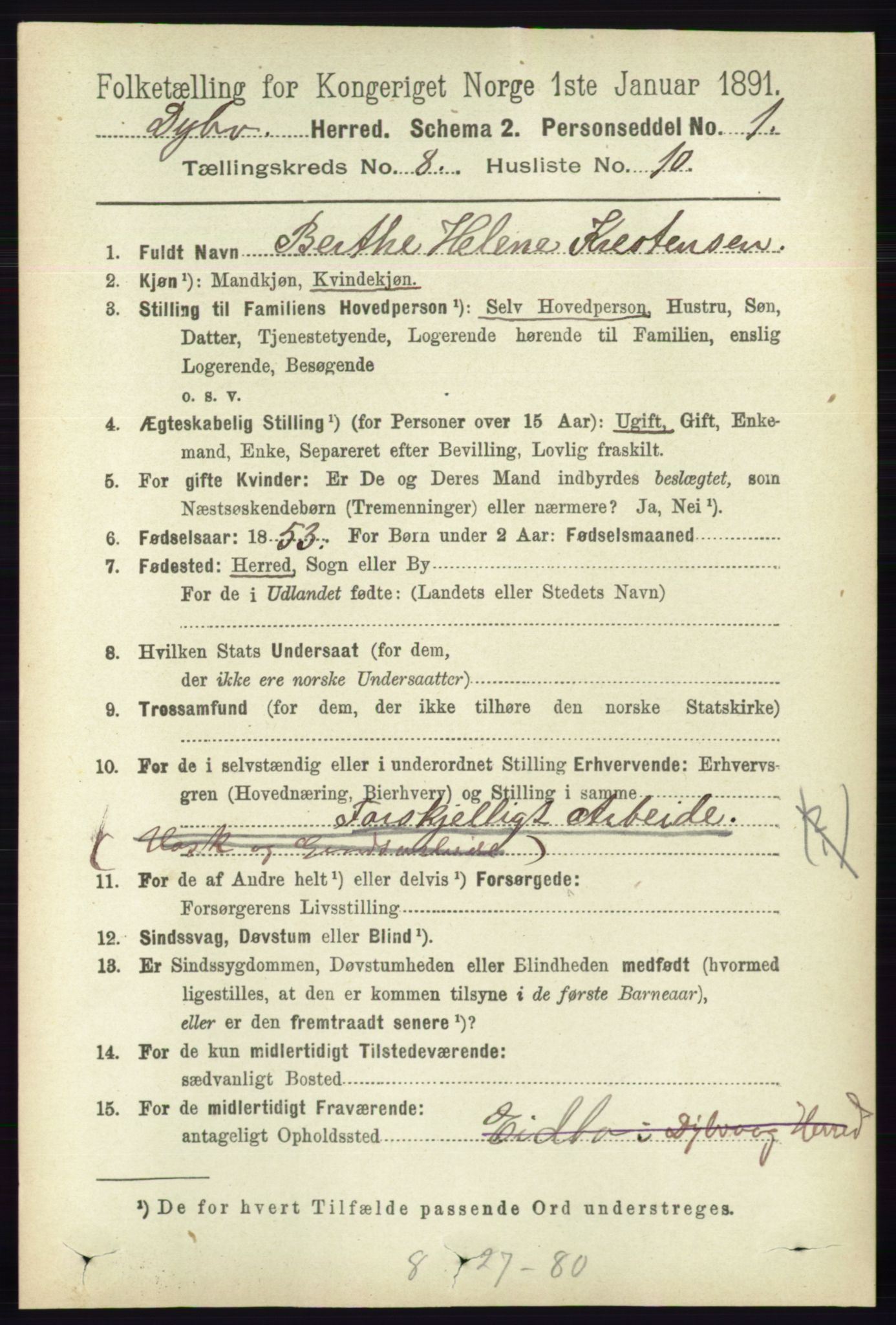 RA, 1891 census for 0915 Dypvåg, 1891, p. 2780