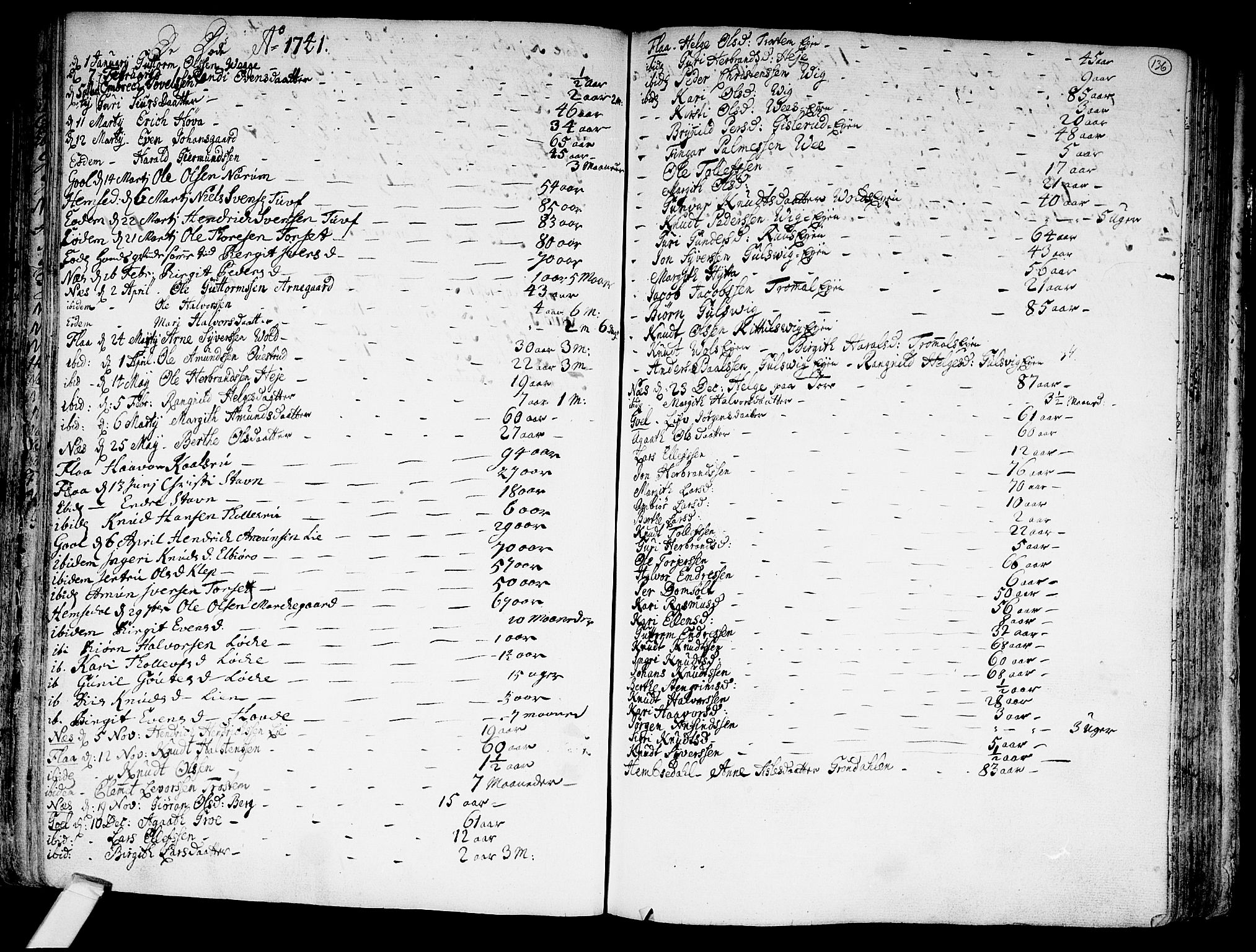 Nes kirkebøker, SAKO/A-236/F/Fa/L0002: Parish register (official) no. 2, 1707-1759, p. 136