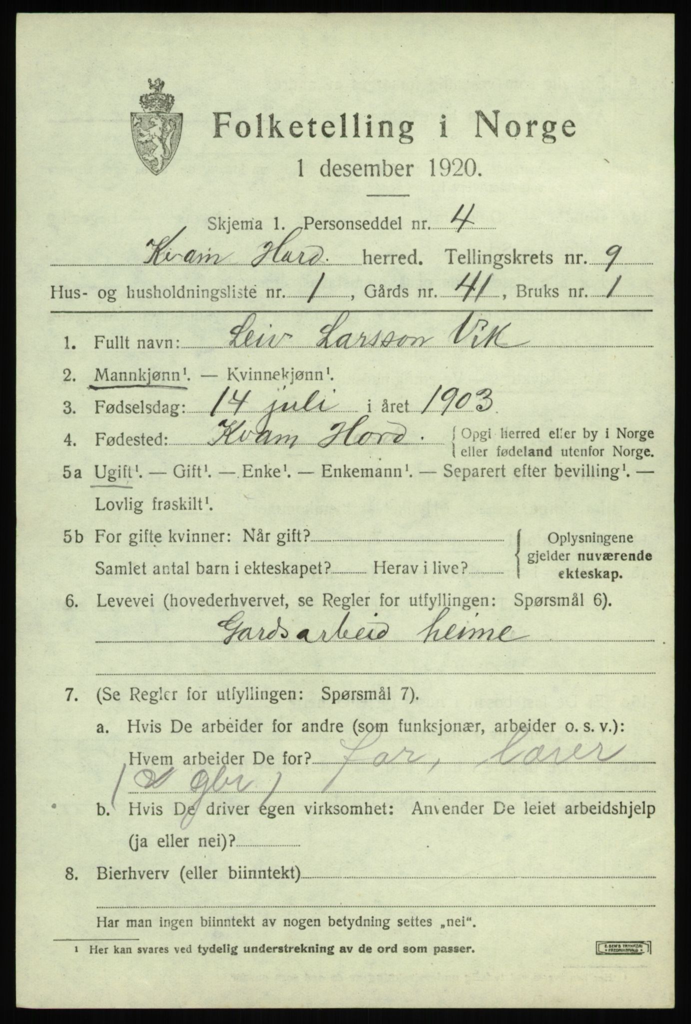 SAB, 1920 census for Kvam, 1920, p. 5651