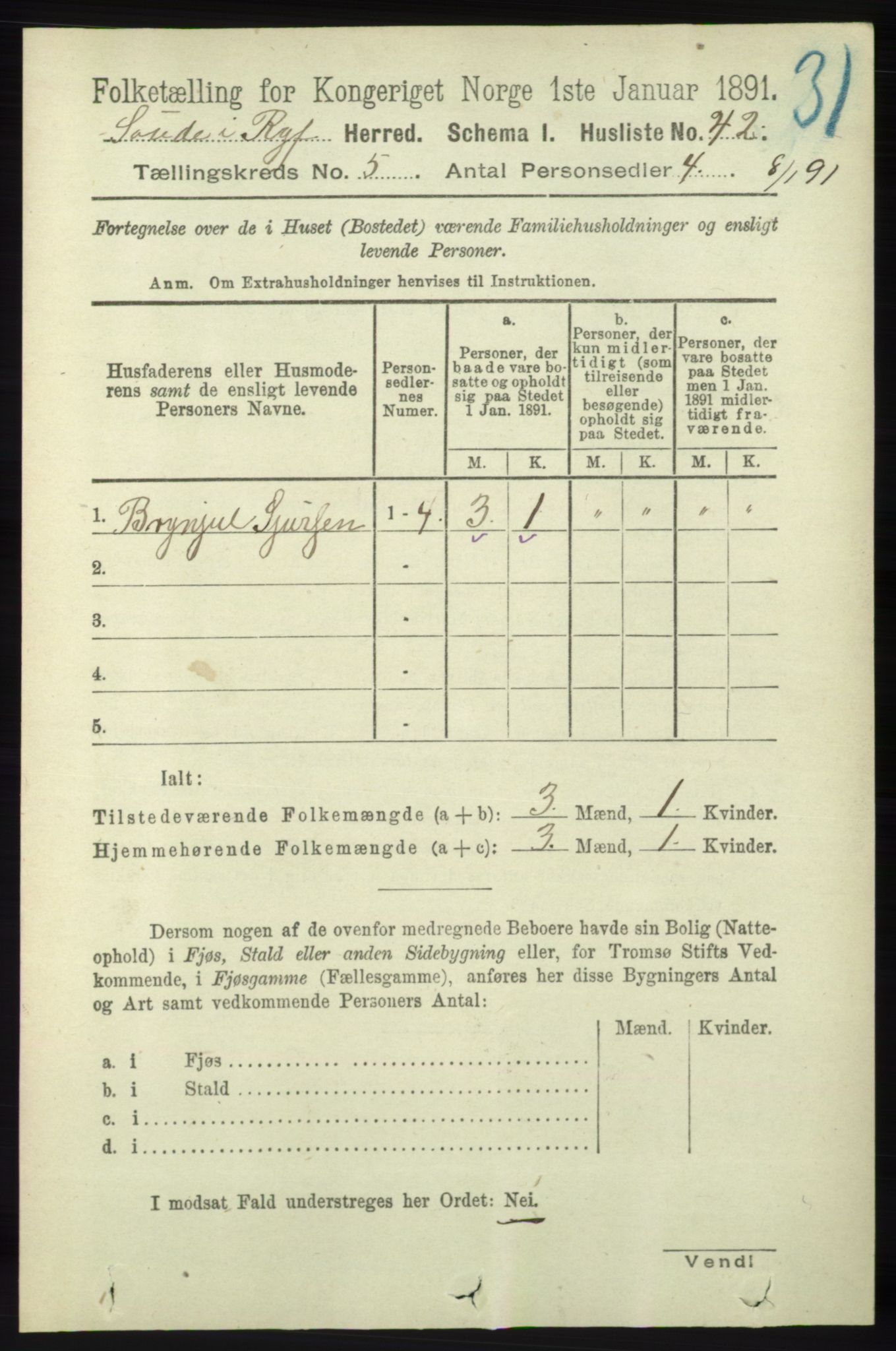 RA, 1891 census for 1135 Sauda, 1891, p. 2204