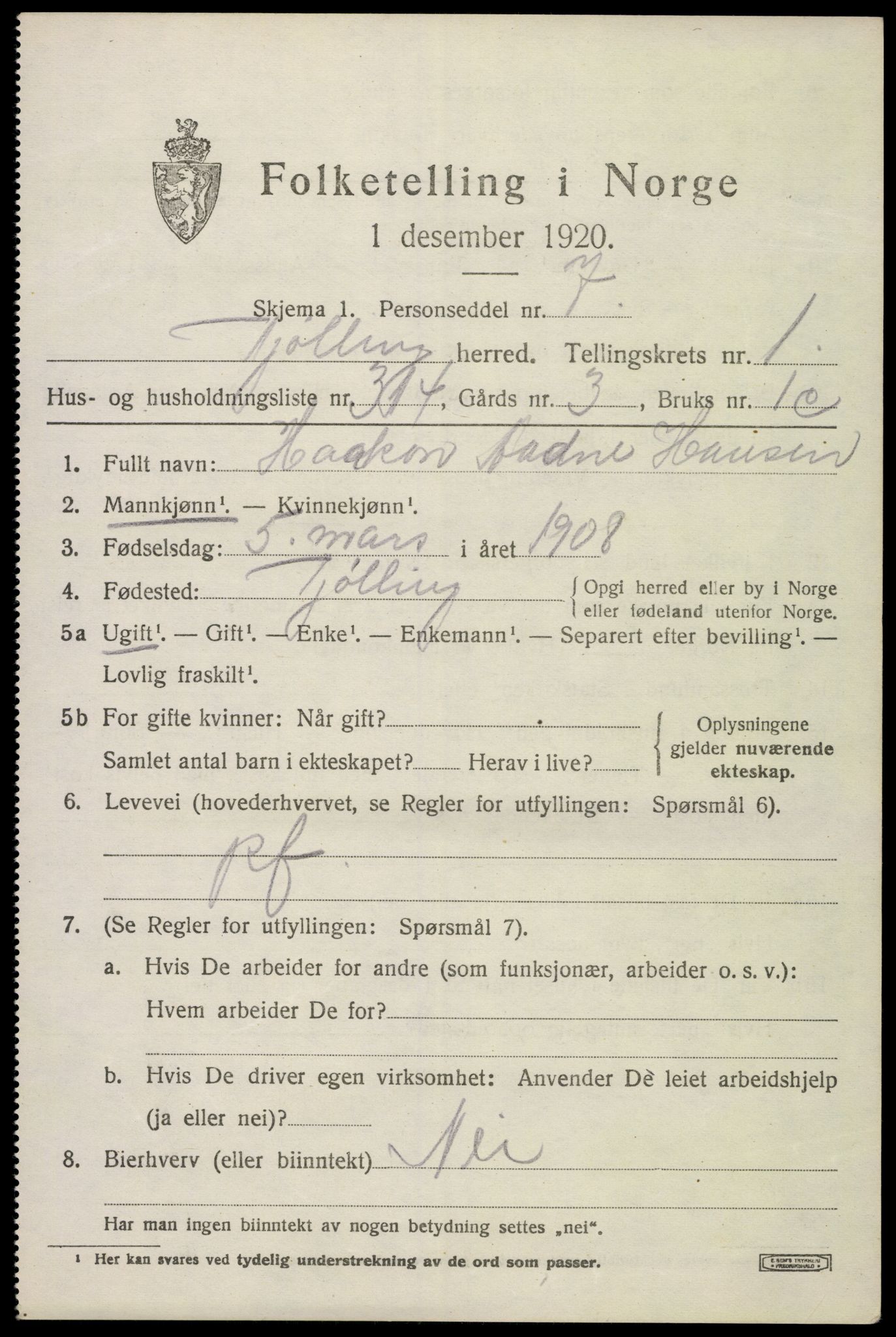 SAKO, 1920 census for Tjølling, 1920, p. 5149