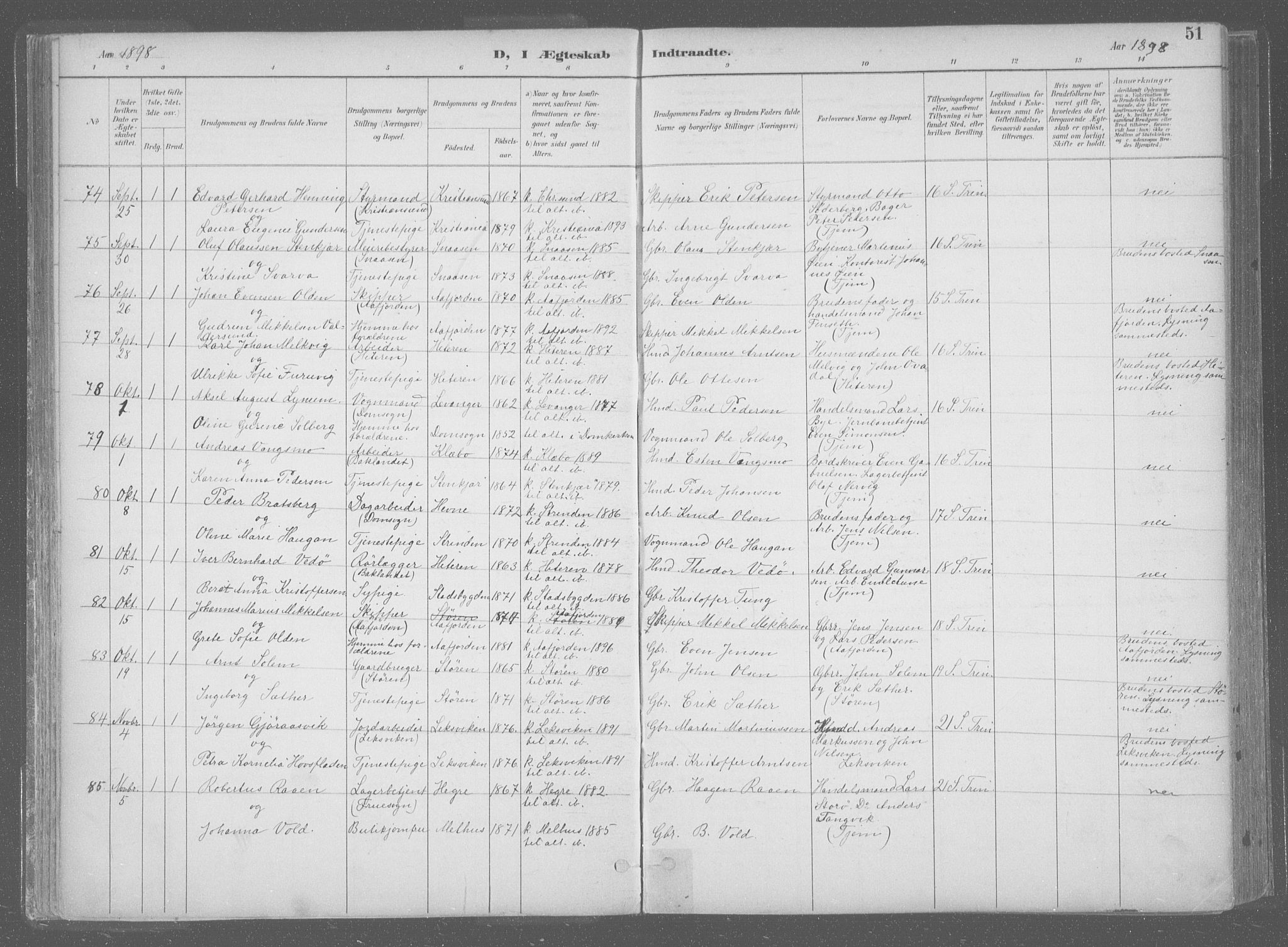 Ministerialprotokoller, klokkerbøker og fødselsregistre - Sør-Trøndelag, AV/SAT-A-1456/601/L0064: Parish register (official) no. 601A31, 1891-1911, p. 51