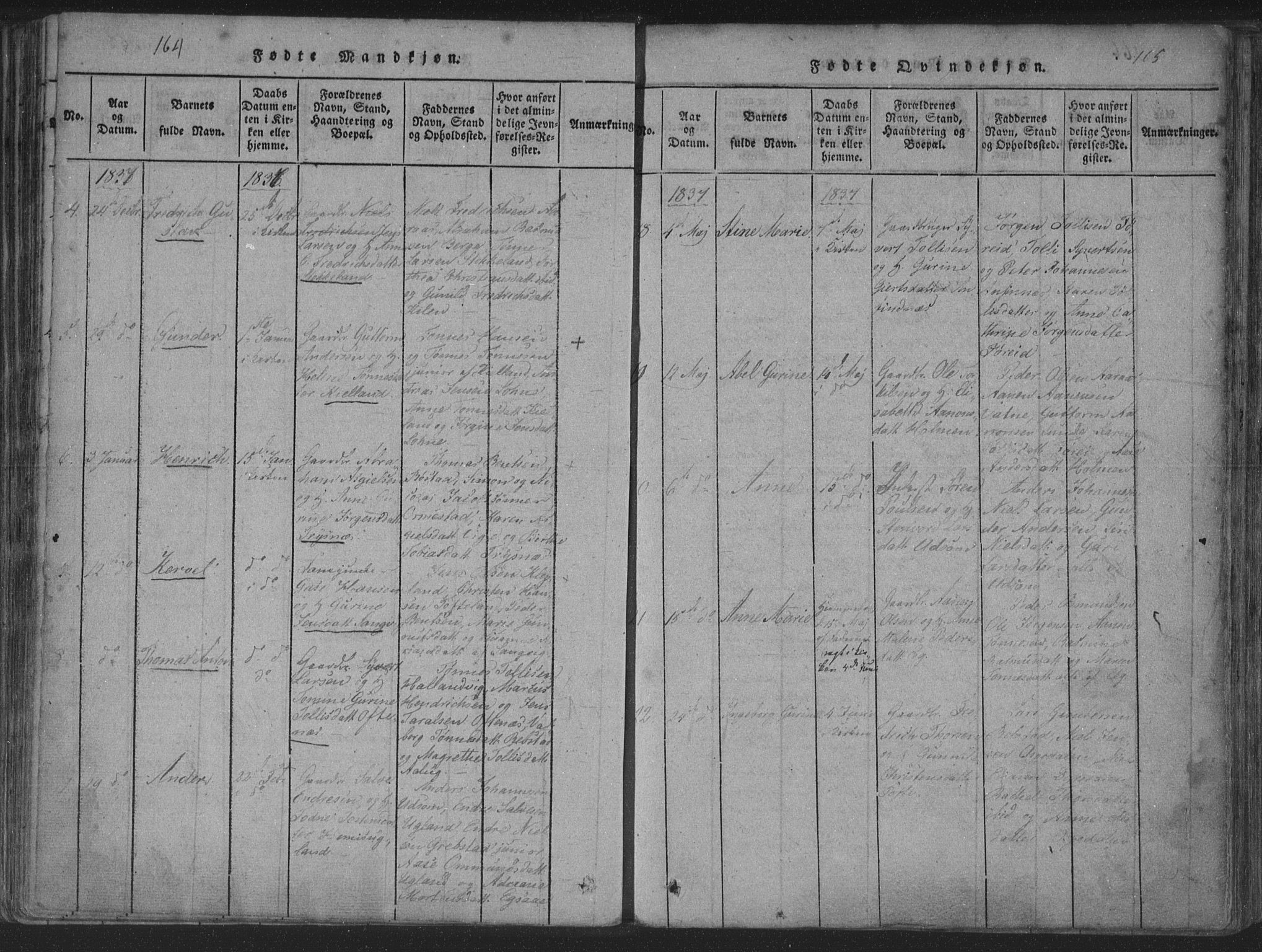 Søgne sokneprestkontor, AV/SAK-1111-0037/F/Fa/Fab/L0008: Parish register (official) no. A 8, 1821-1838, p. 164-165