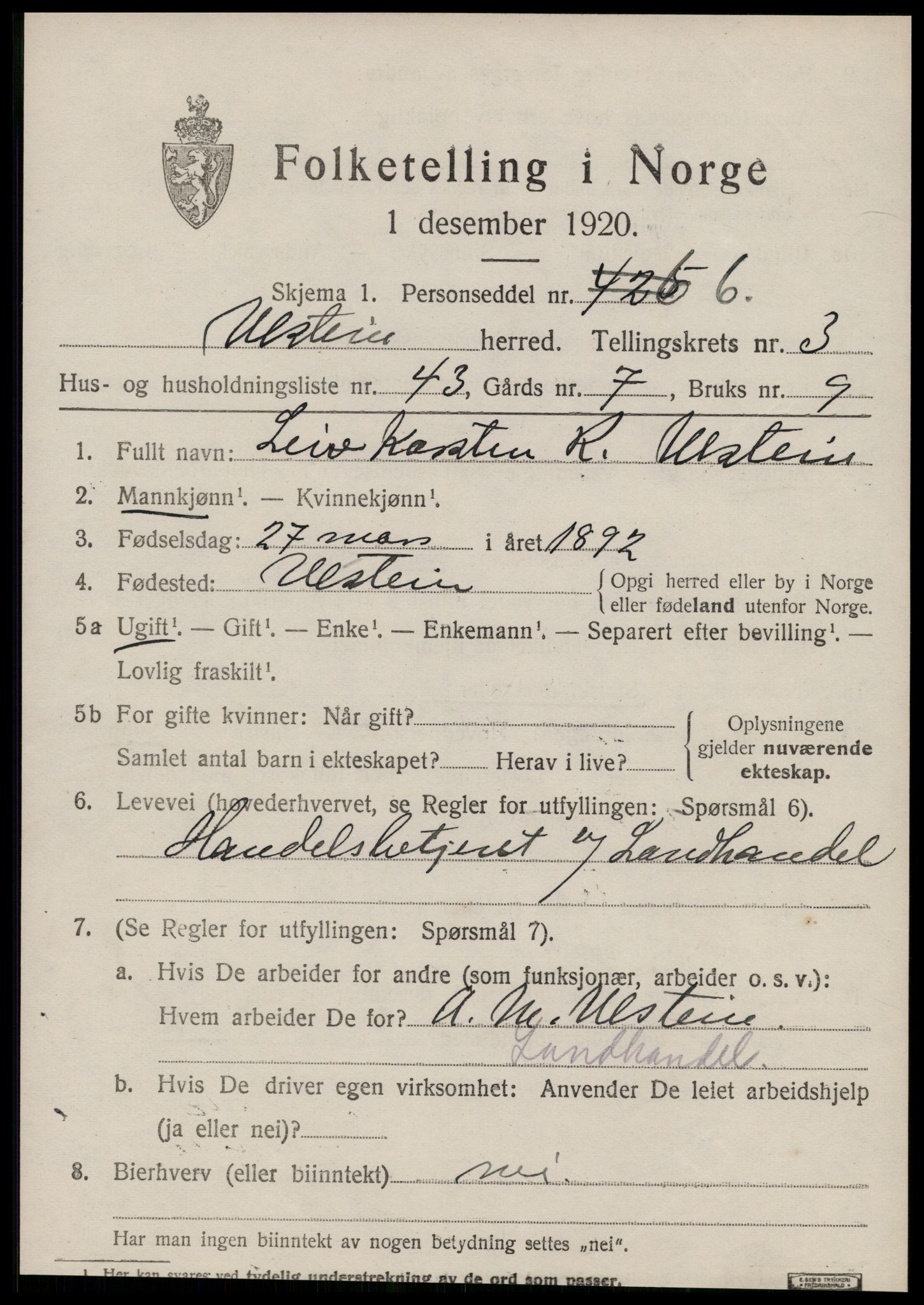 SAT, 1920 census for Ulstein, 1920, p. 2470