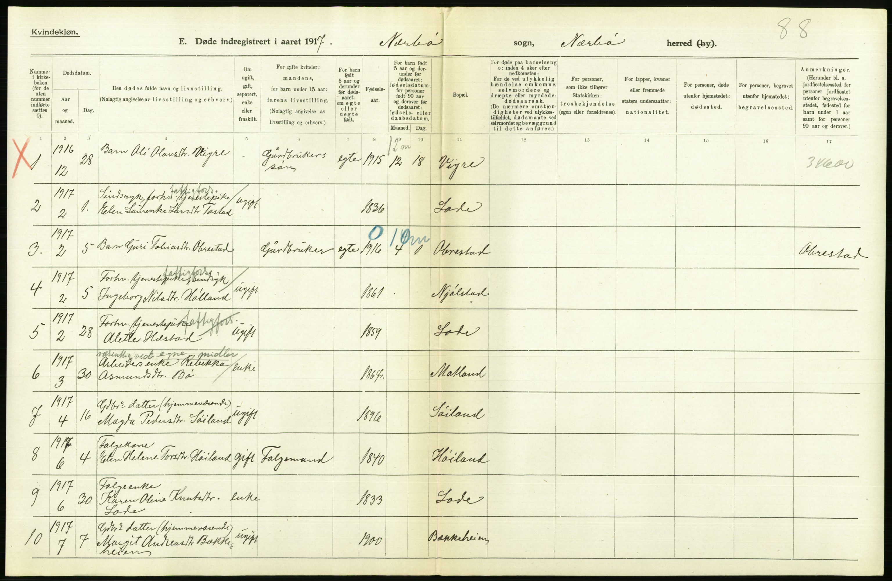 Statistisk sentralbyrå, Sosiodemografiske emner, Befolkning, RA/S-2228/D/Df/Dfb/Dfbg/L0033: Stavanger amt: Døde, dødfødte. Bygder og byer., 1917, p. 190