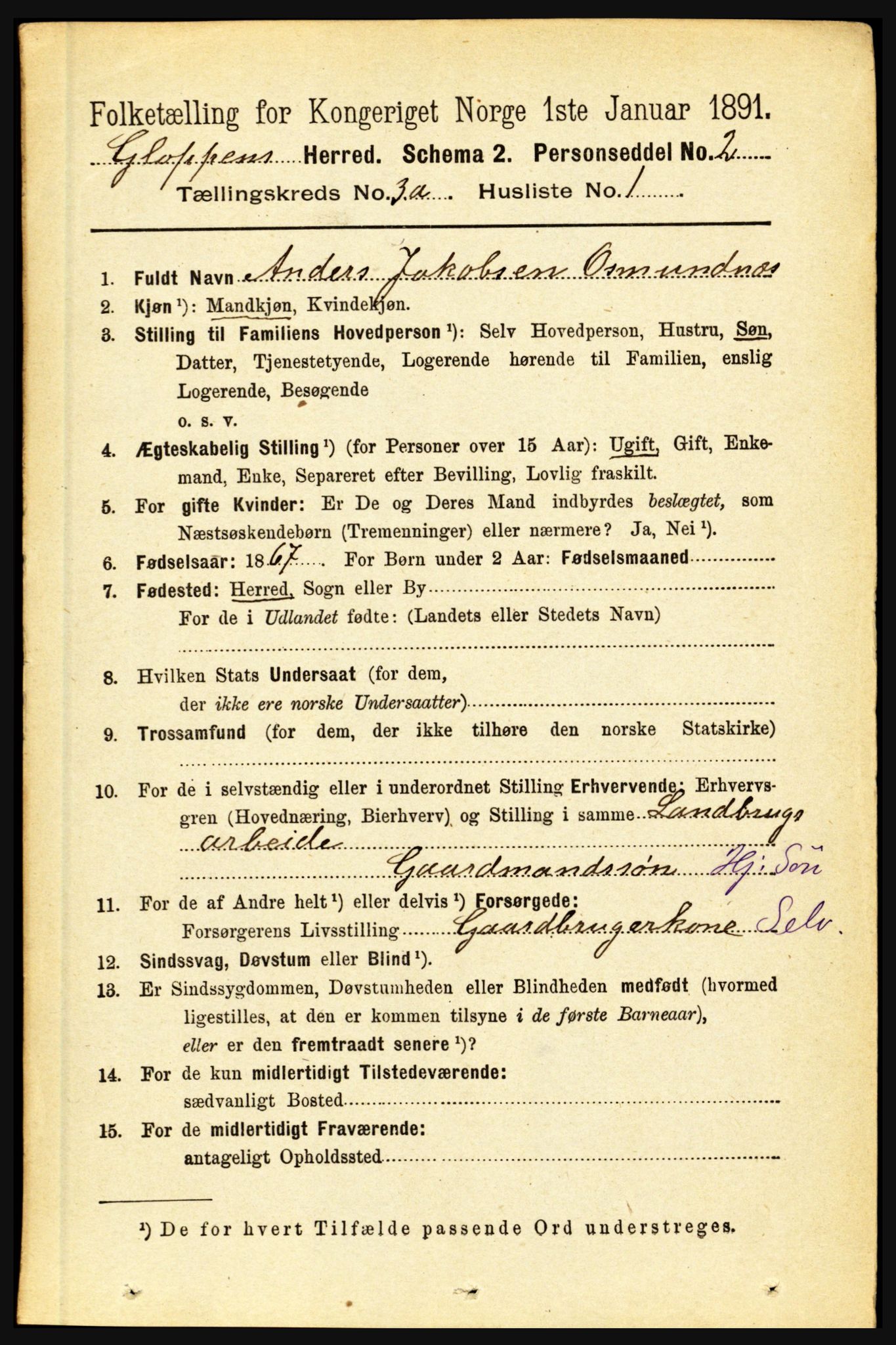 RA, 1891 census for 1445 Gloppen, 1891, p. 1180