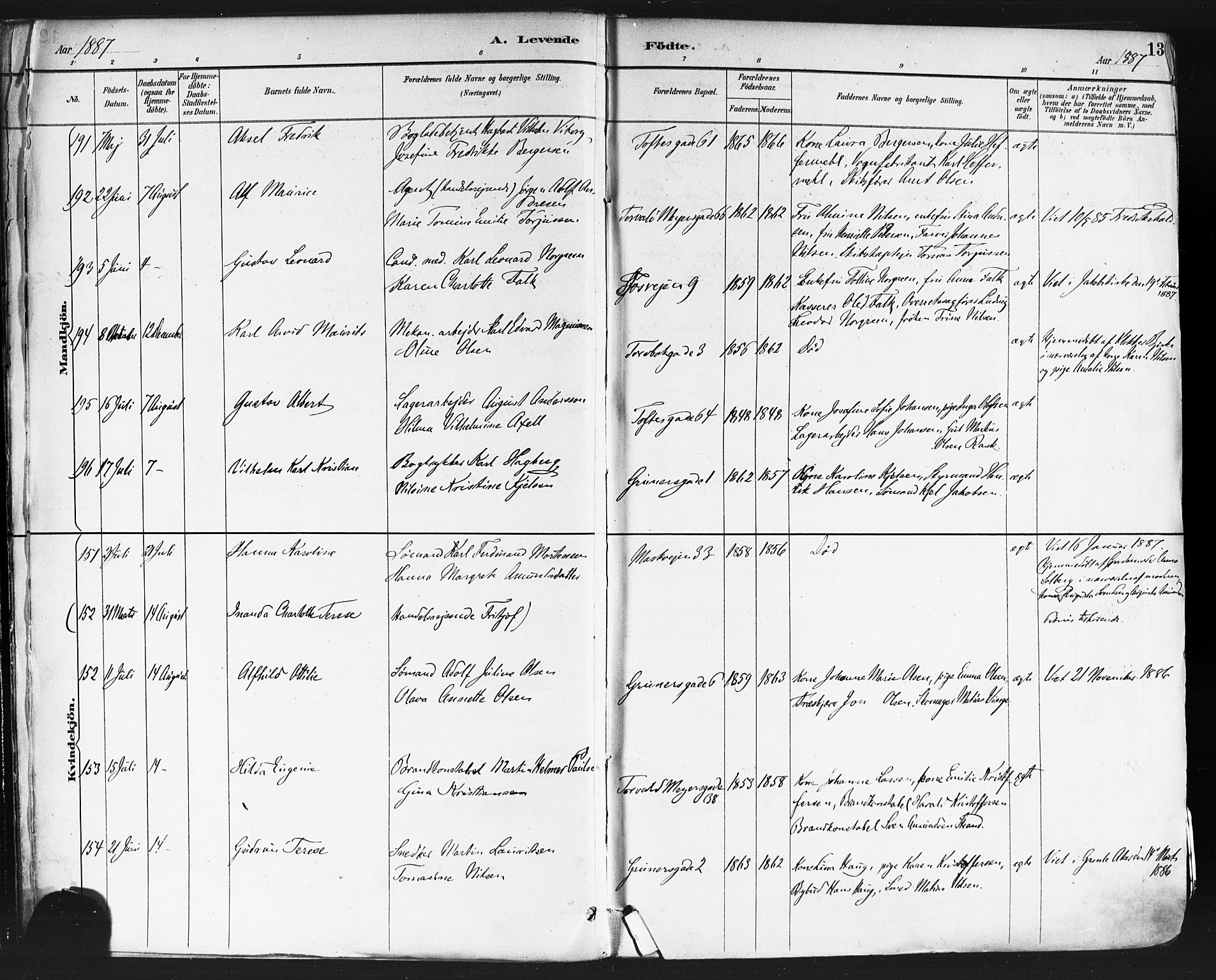Paulus prestekontor Kirkebøker, SAO/A-10871/F/Fa/L0013: Parish register (official) no. 13, 1887-1894, p. 13