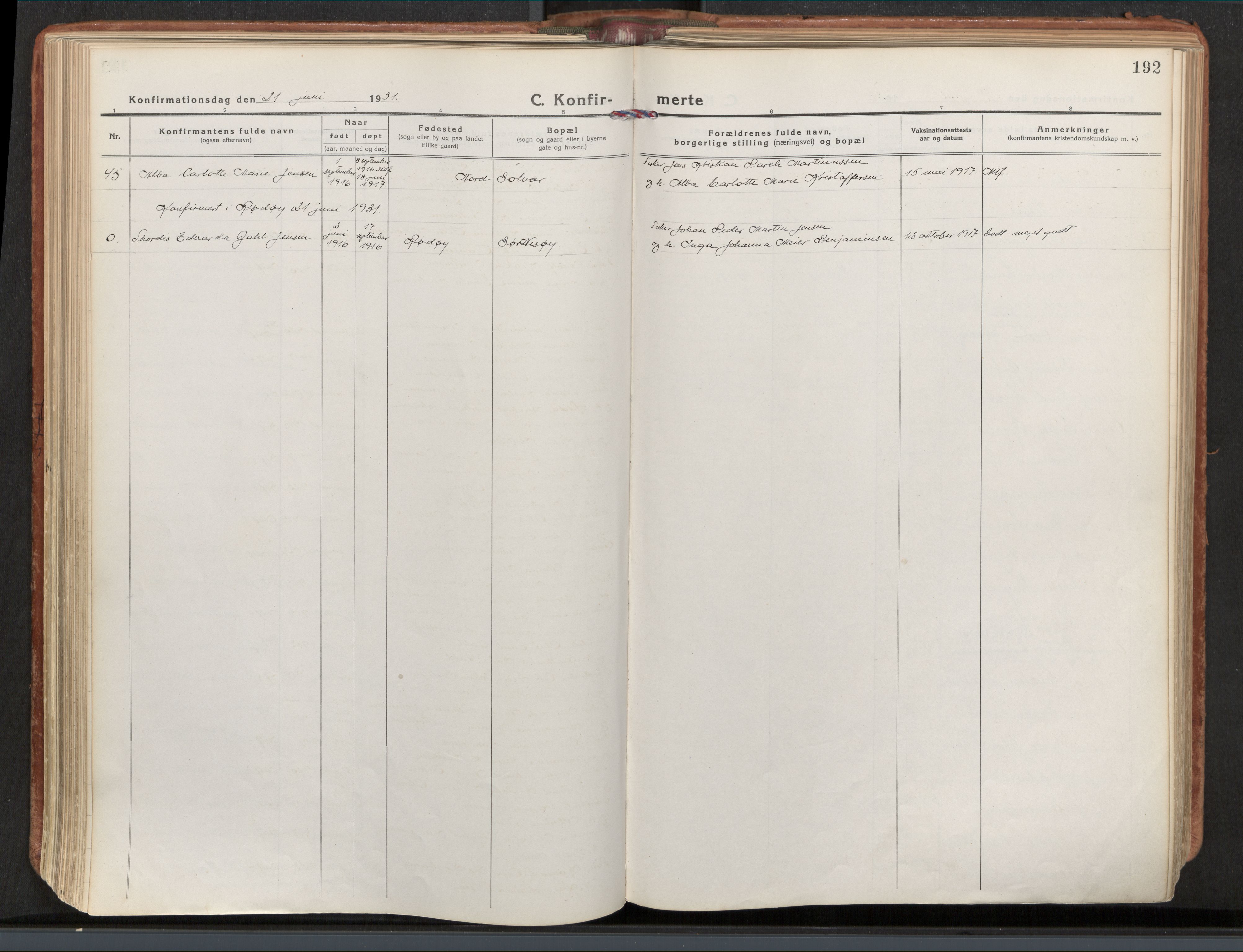 Ministerialprotokoller, klokkerbøker og fødselsregistre - Nordland, AV/SAT-A-1459/839/L0570: Parish register (official) no. 839A07, 1923-1942, p. 192