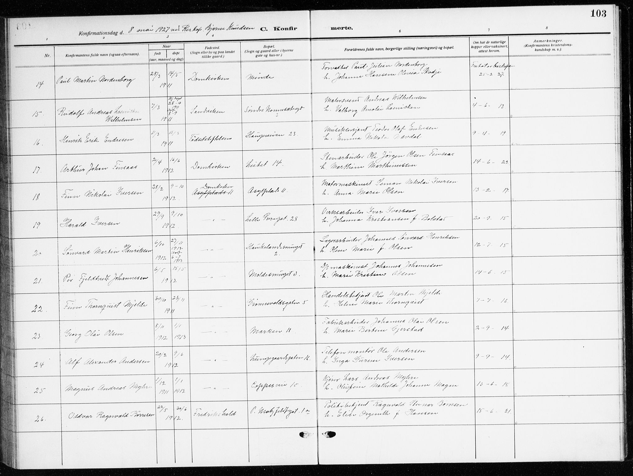 Domkirken sokneprestembete, AV/SAB-A-74801/H/Haa/L0032: Parish register (official) no. C 7, 1915-1930, p. 103