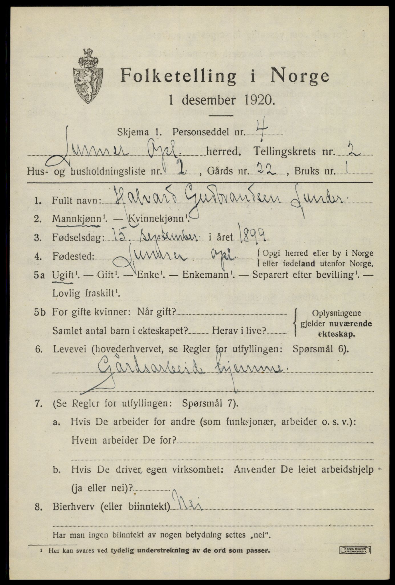 SAH, 1920 census for Lunner, 1920, p. 2877