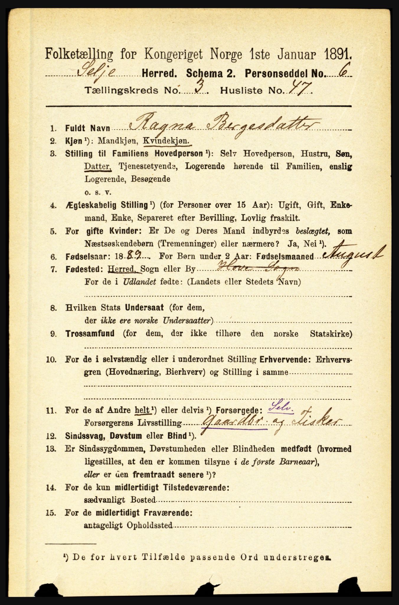 RA, 1891 census for 1441 Selje, 1891, p. 895