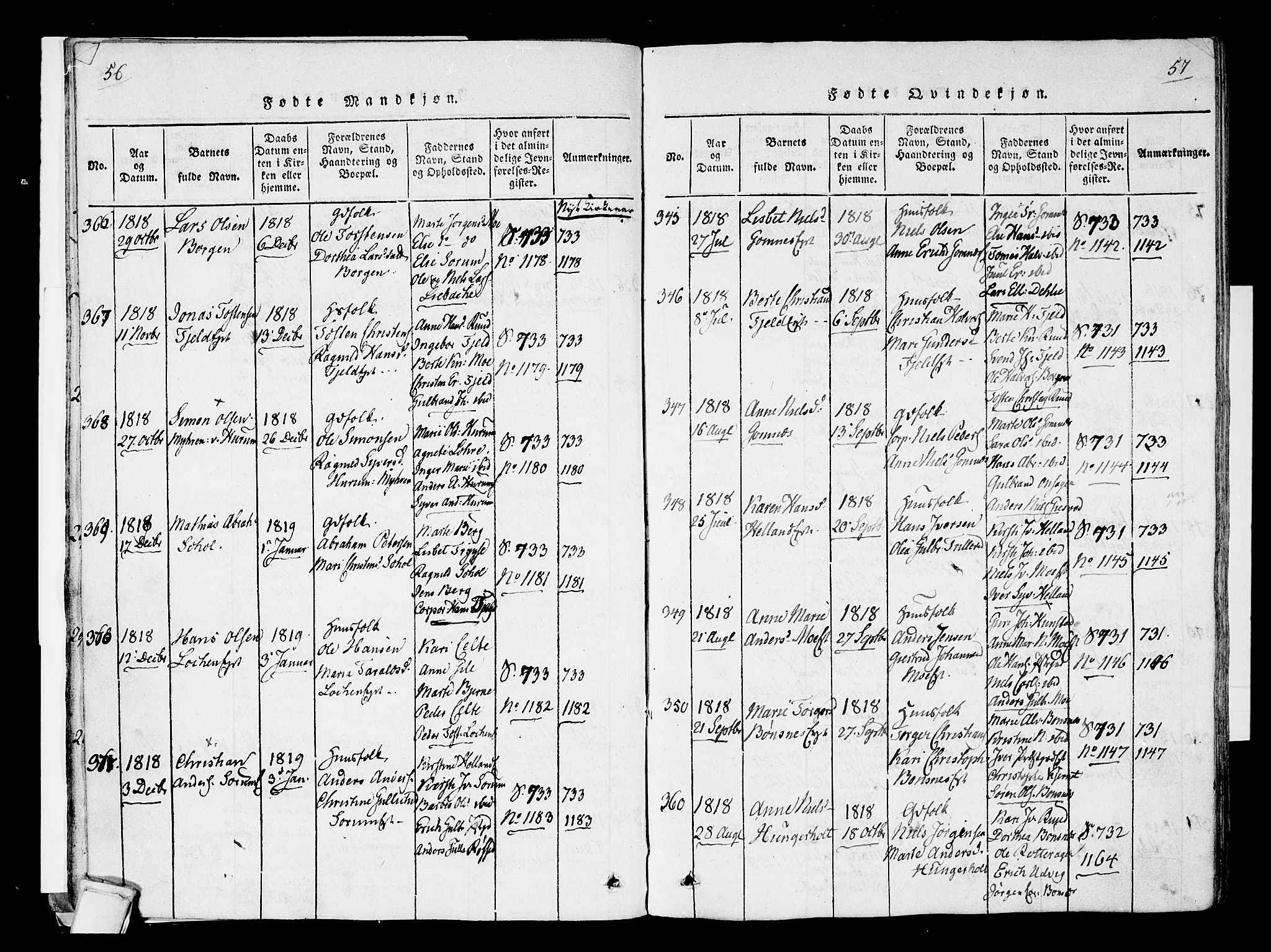 Hole kirkebøker, SAKO/A-228/F/Fa/L0004: Parish register (official) no. I 4, 1814-1833, p. 56-57