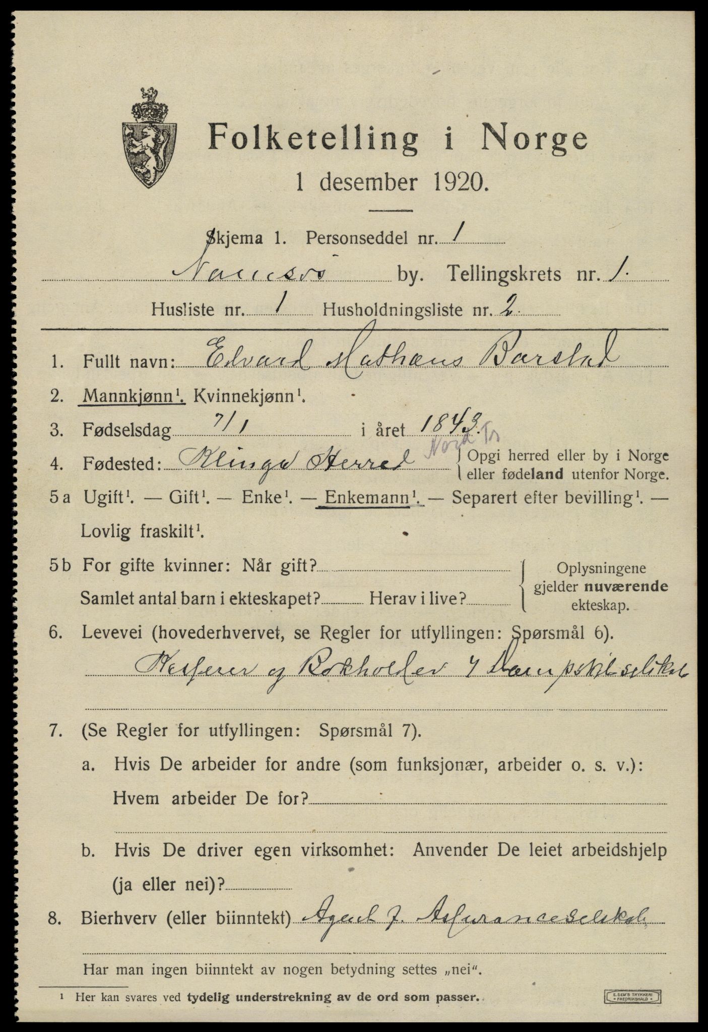 SAT, 1920 census for Namsos, 1920, p. 2027
