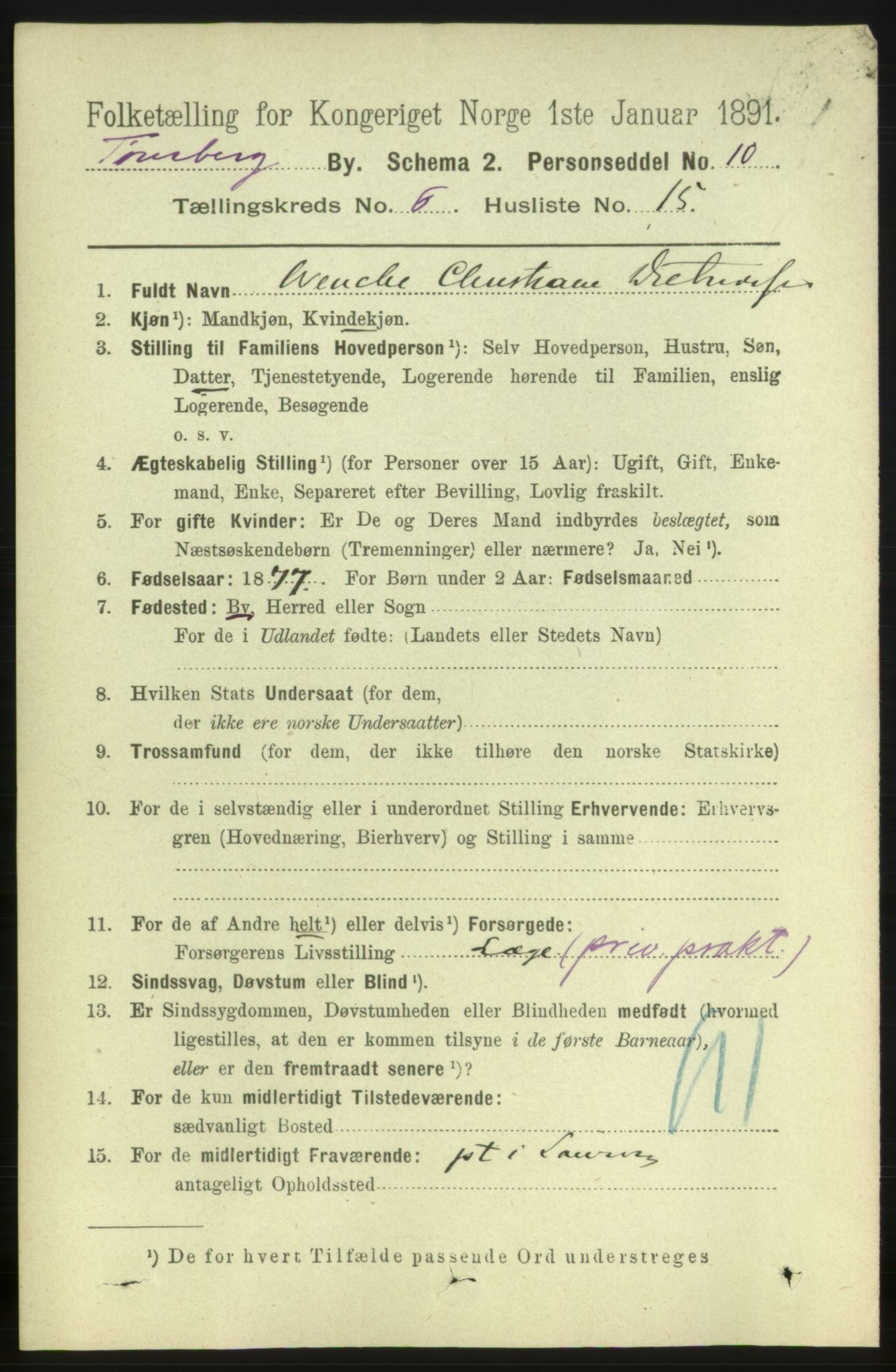 RA, 1891 census for 0705 Tønsberg, 1891, p. 2707