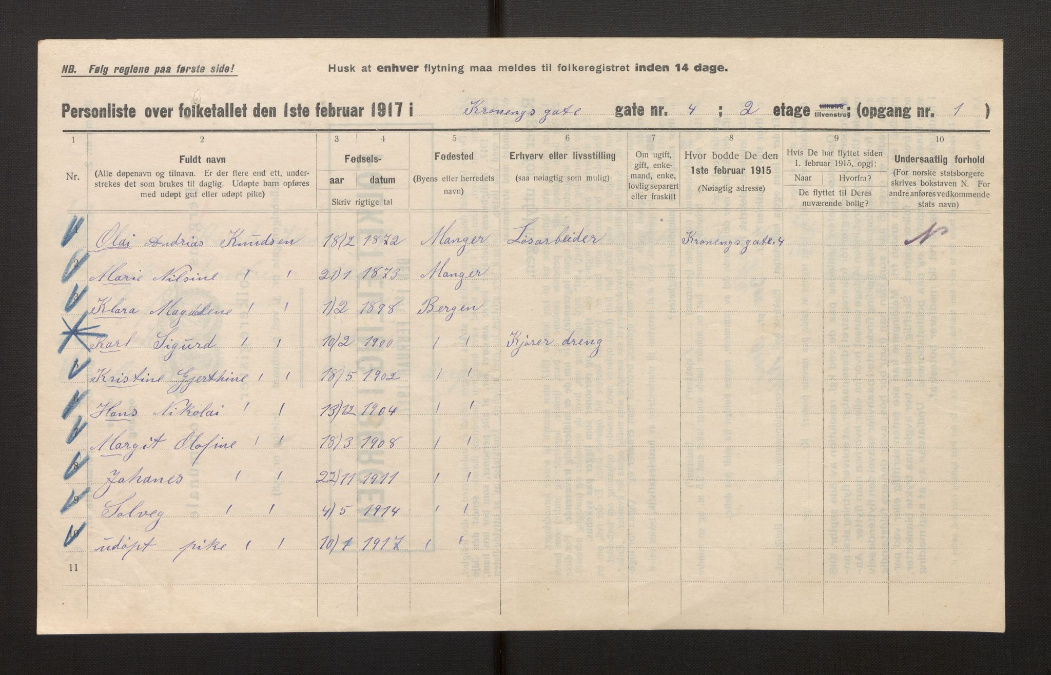 SAB, Municipal Census 1917 for Bergen, 1917, p. 19834