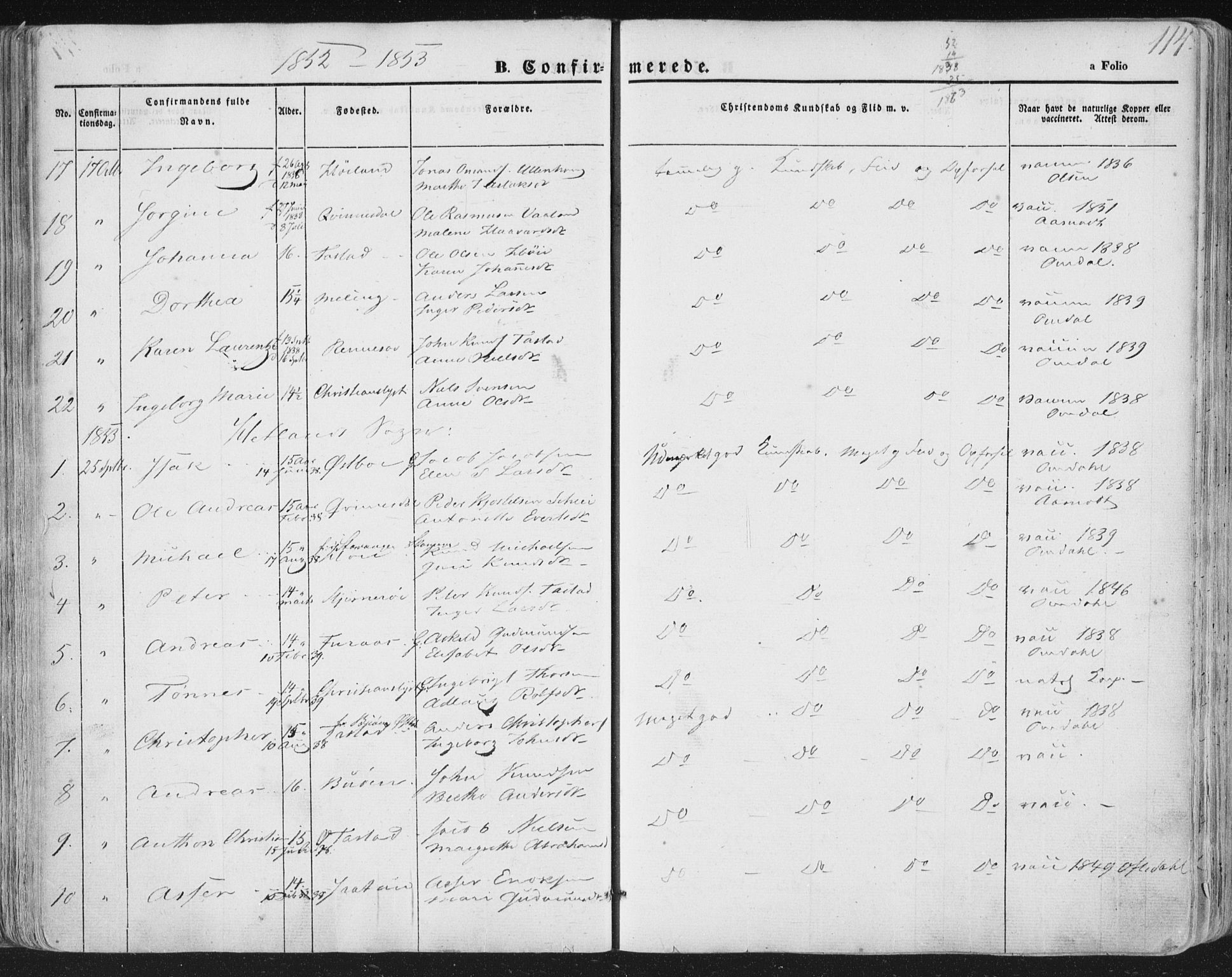 Hetland sokneprestkontor, AV/SAST-A-101826/30/30BA/L0002: Parish register (official) no. A 2, 1849-1869, p. 114