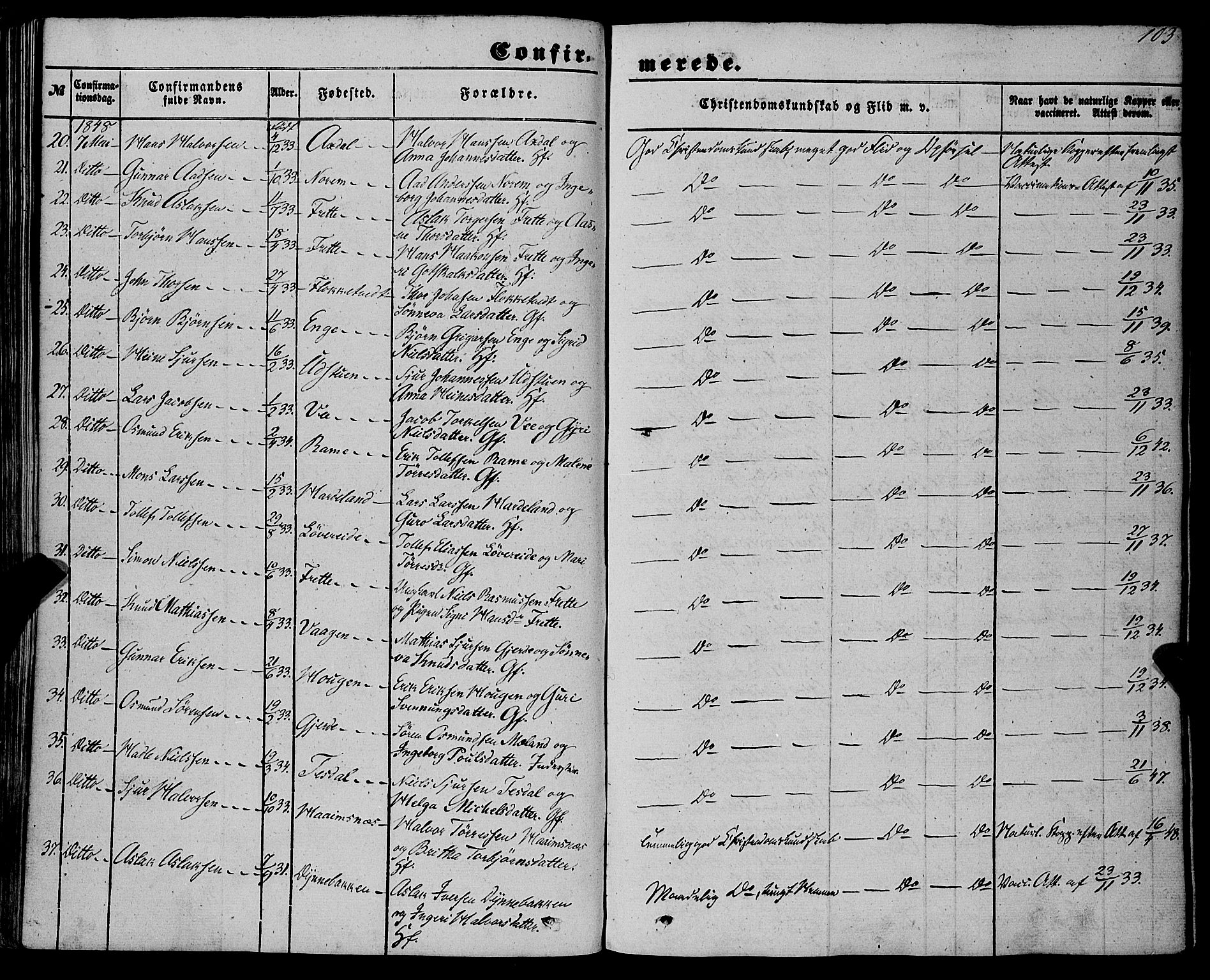 Etne sokneprestembete, SAB/A-75001/H/Haa: Parish register (official) no. A 8, 1848-1862, p. 103
