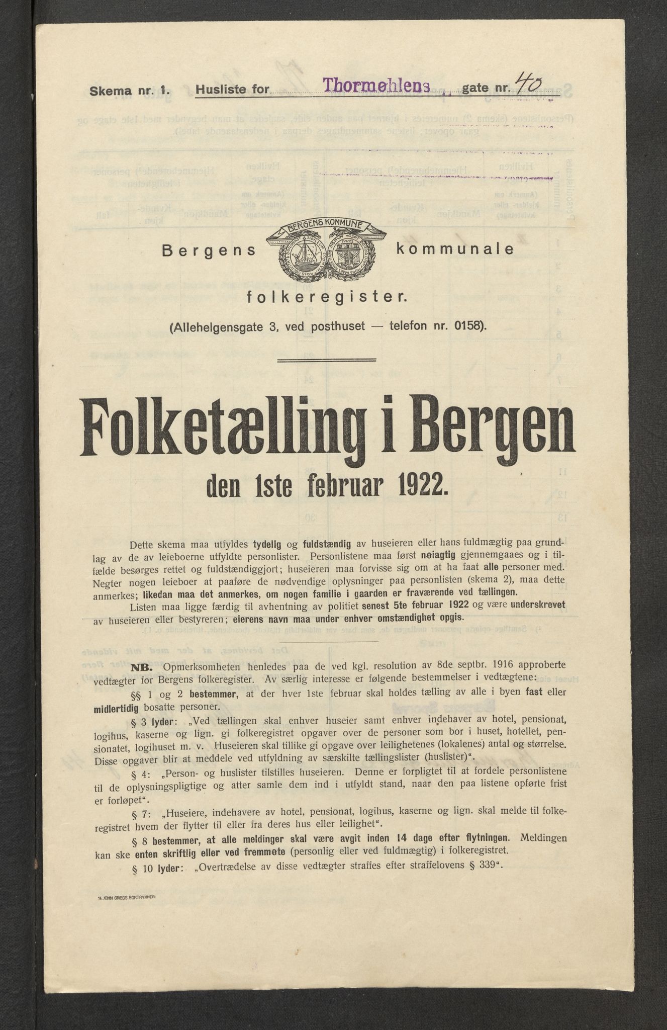 SAB, Municipal Census 1922 for Bergen, 1922, p. 43793