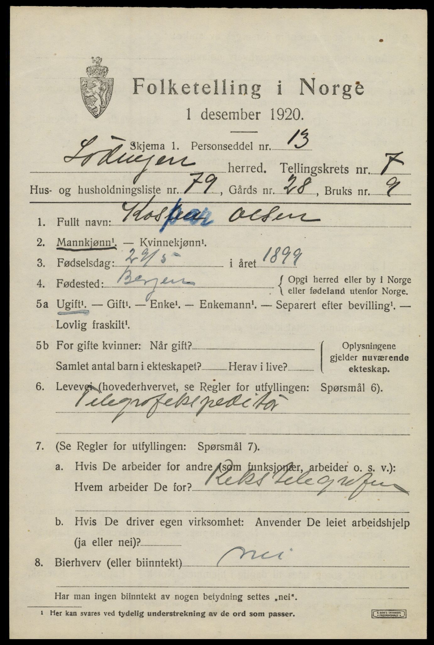 SAT, 1920 census for Lødingen, 1920, p. 5285