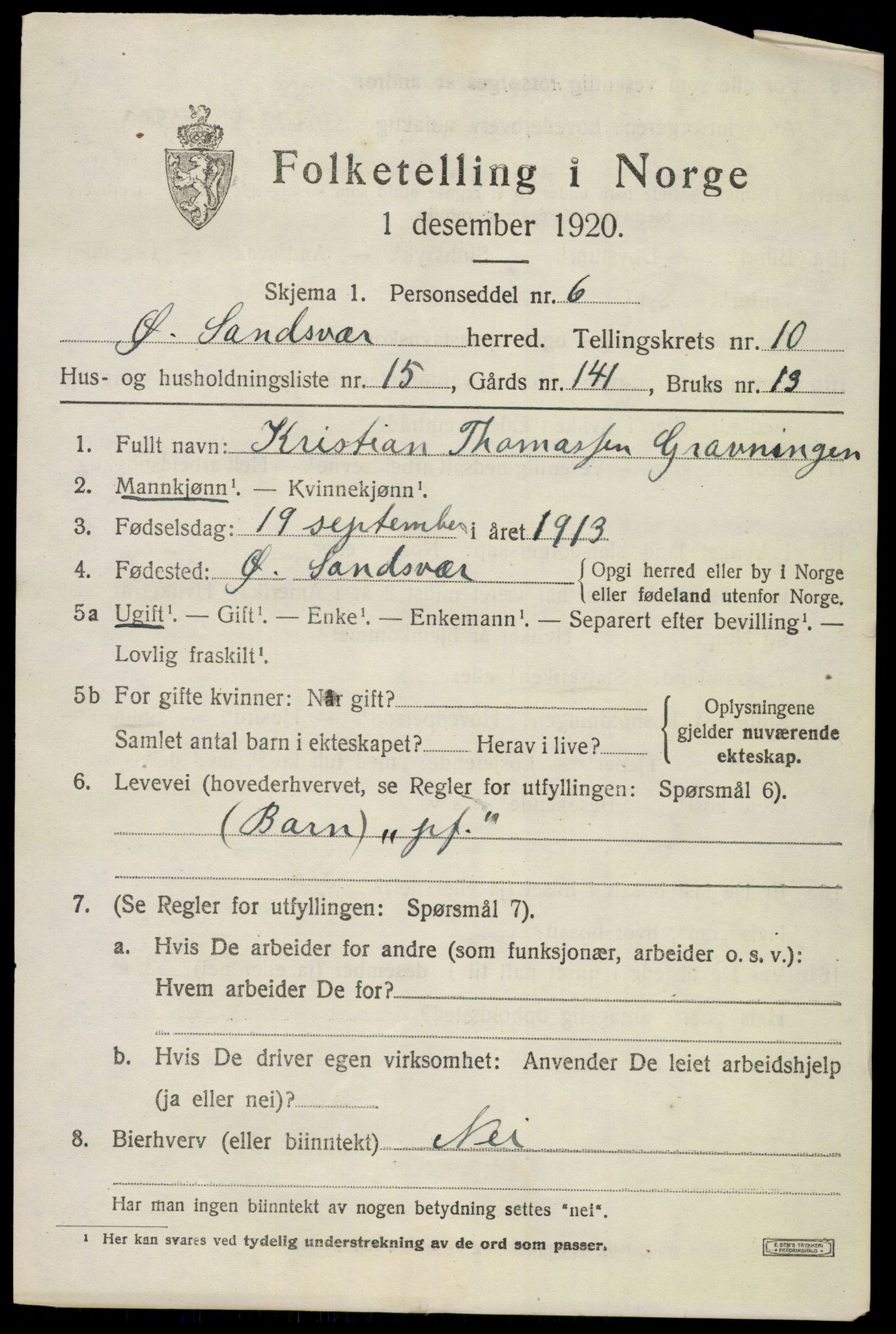 SAKO, 1920 census for Øvre Sandsvær, 1920, p. 5712