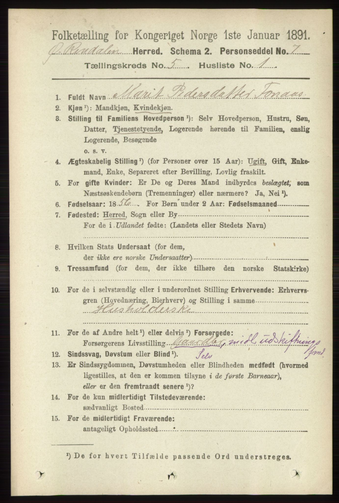 RA, 1891 census for 0433 Øvre Rendal, 1891, p. 1314