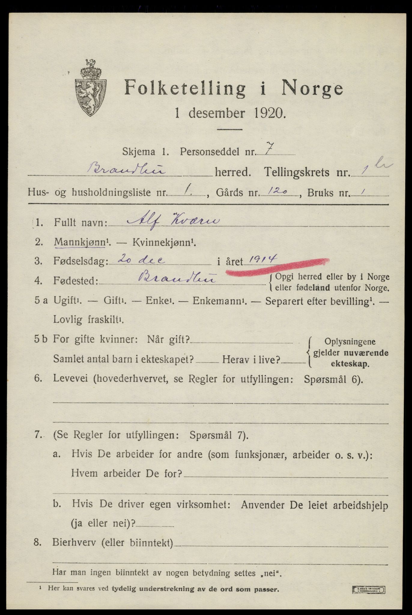 SAH, 1920 census for Brandbu, 1920, p. 3081