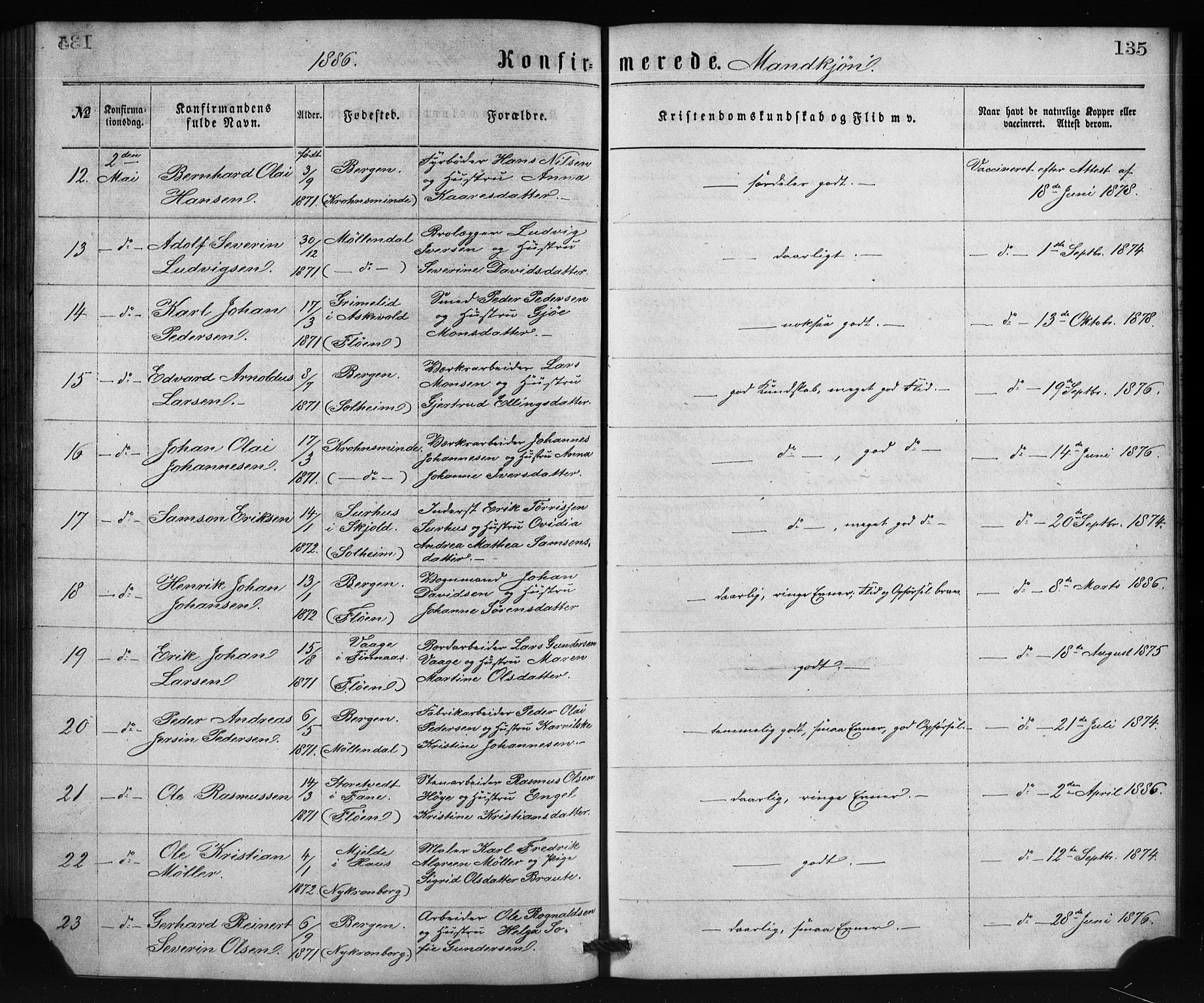 St. Jørgens hospital og Årstad sokneprestembete, SAB/A-99934: Parish register (copy) no. A 6, 1864-1886, p. 135