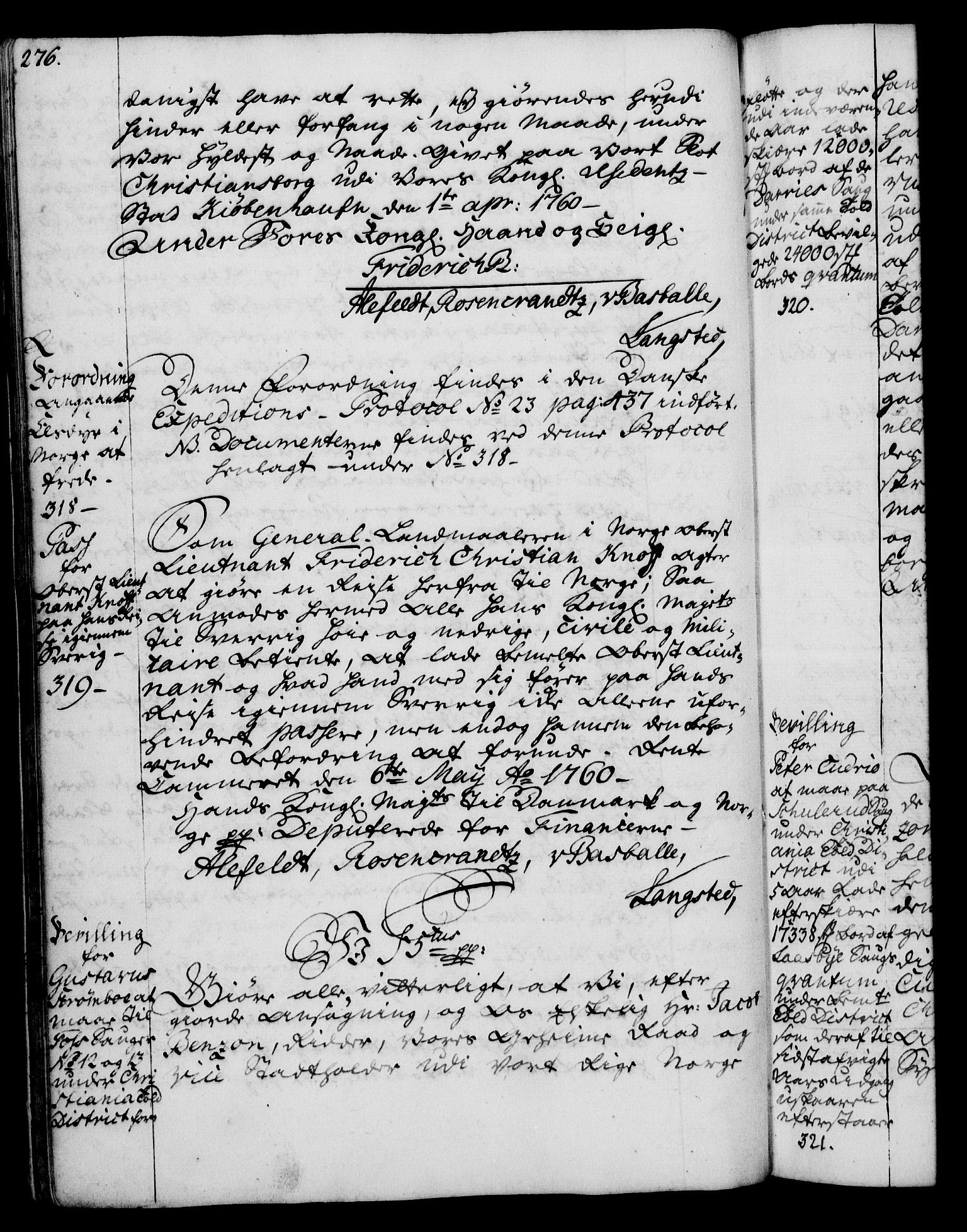 Rentekammeret, Kammerkanselliet, RA/EA-3111/G/Gg/Gga/L0007: Norsk ekspedisjonsprotokoll med register (merket RK 53.7), 1759-1768, p. 276