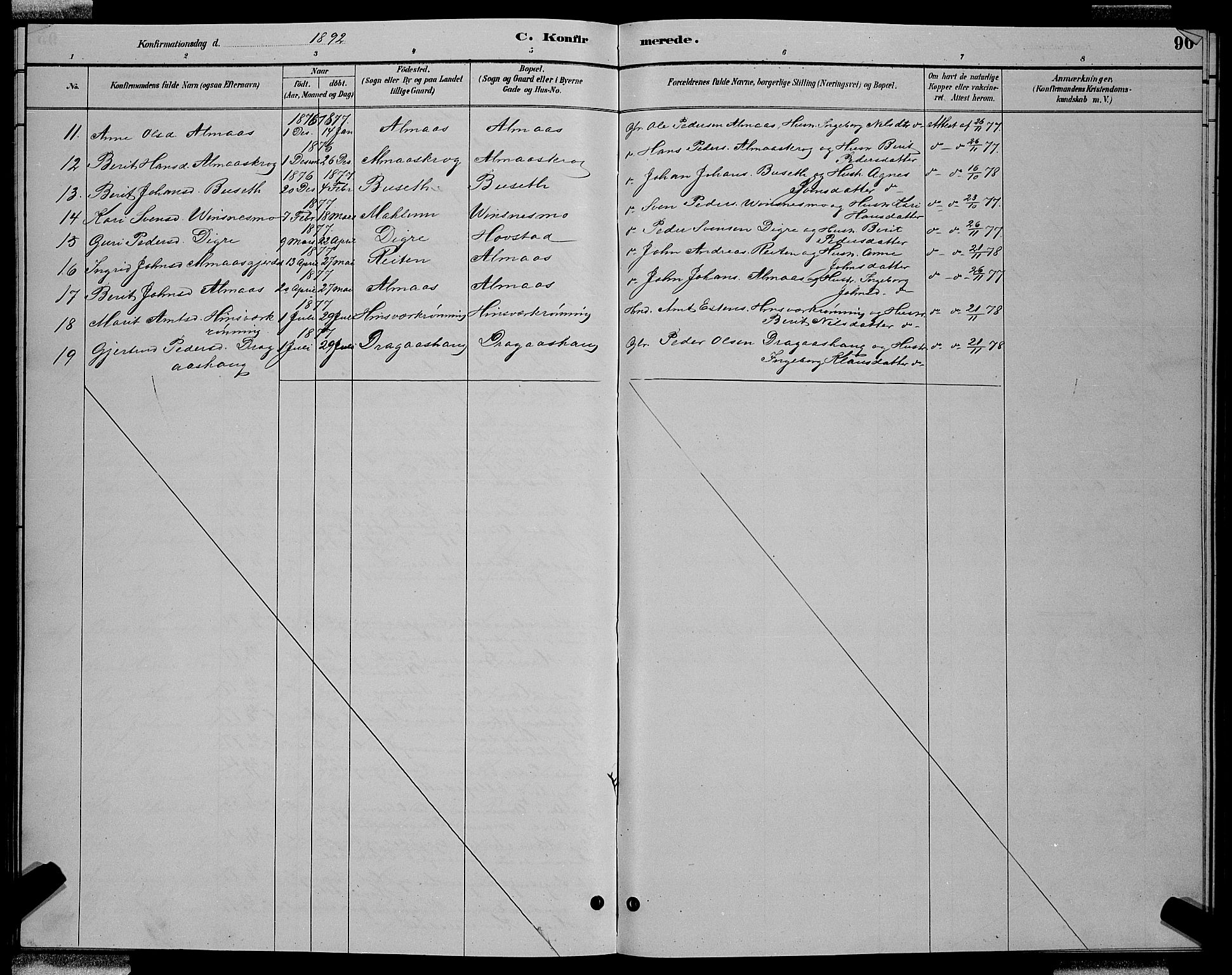 Ministerialprotokoller, klokkerbøker og fødselsregistre - Sør-Trøndelag, AV/SAT-A-1456/688/L1028: Parish register (copy) no. 688C03, 1889-1899, p. 96