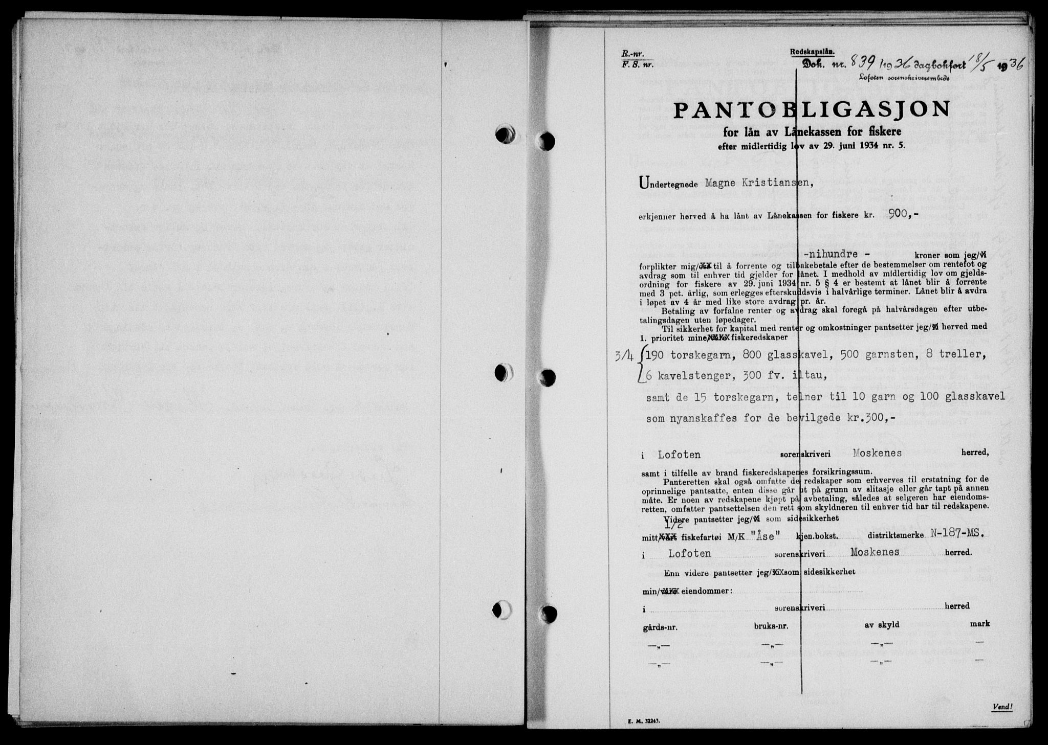 Lofoten sorenskriveri, SAT/A-0017/1/2/2C/L0033b: Mortgage book no. 33b, 1936-1936, Diary no: : 839/1936