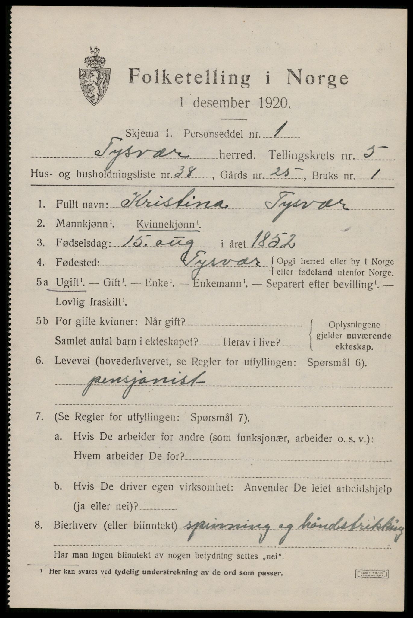 SAST, 1920 census for Tysvær, 1920, p. 2096