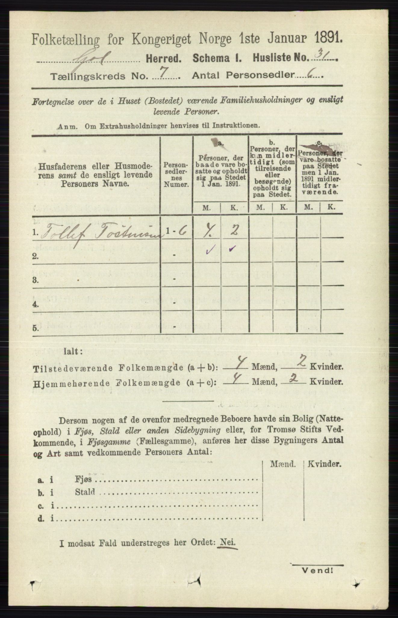 RA, 1891 census for 0617 Gol og Hemsedal, 1891, p. 2802