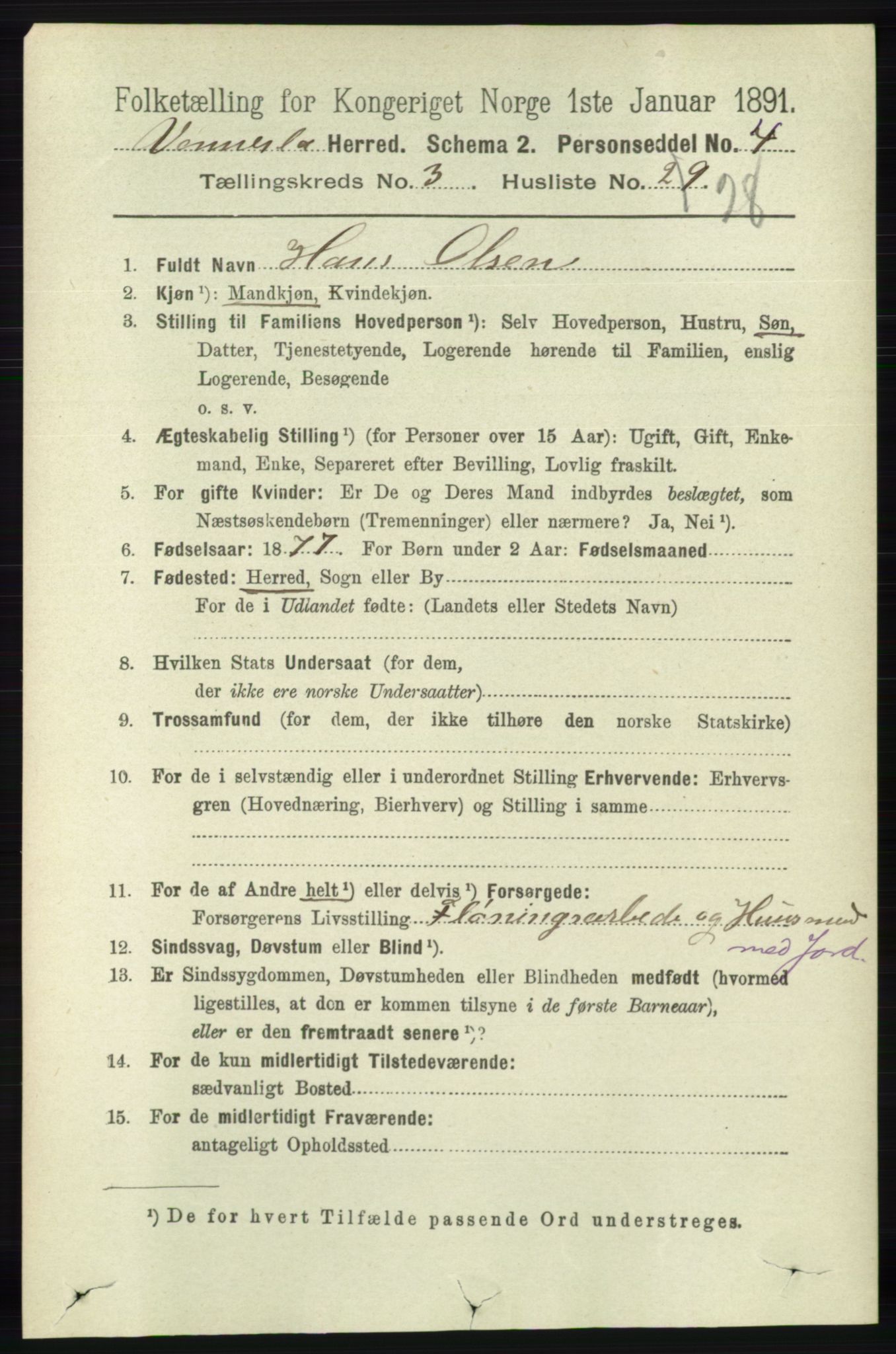 RA, 1891 census for 1014 Vennesla, 1891, p. 818