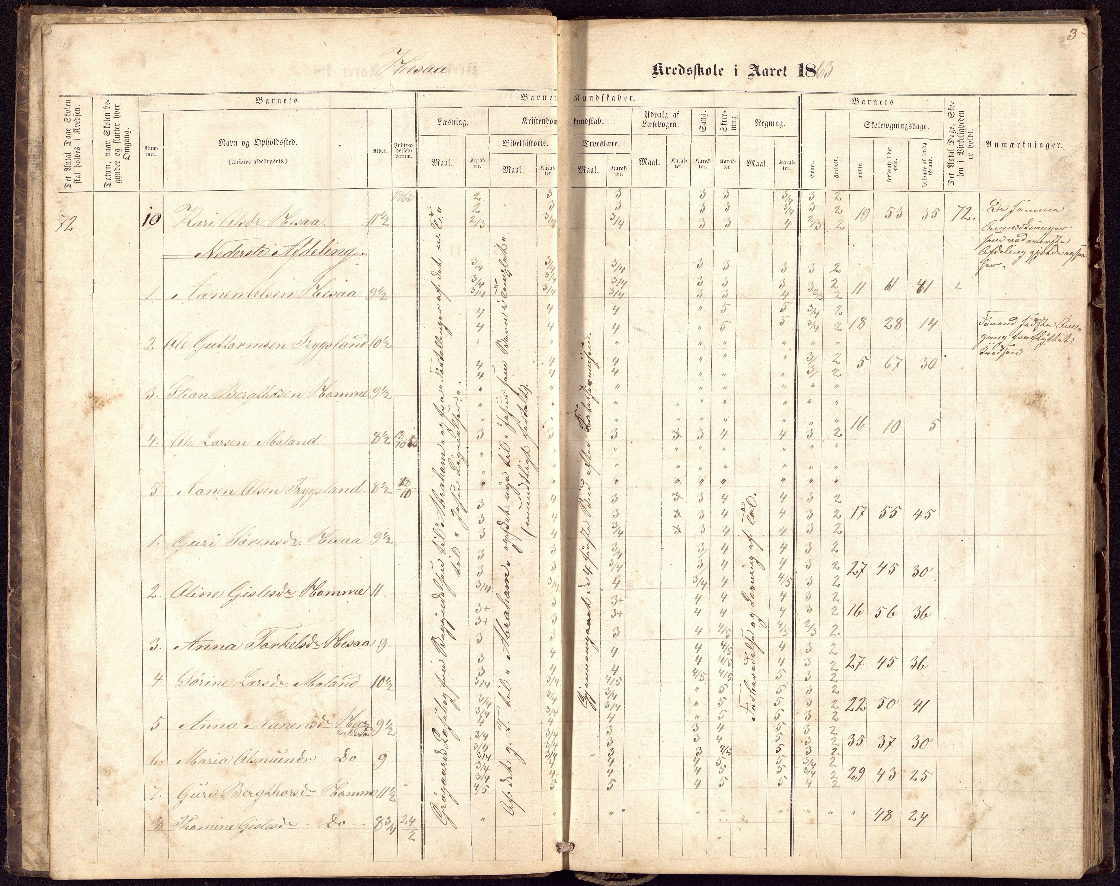 Bjelland og Grindheim kommune - De Enkelte Skoler og Kretser, ARKSOR/1027BG550/H/L0002: Skoleprotokoll, Hesså og Koland kretser, 1863-1881